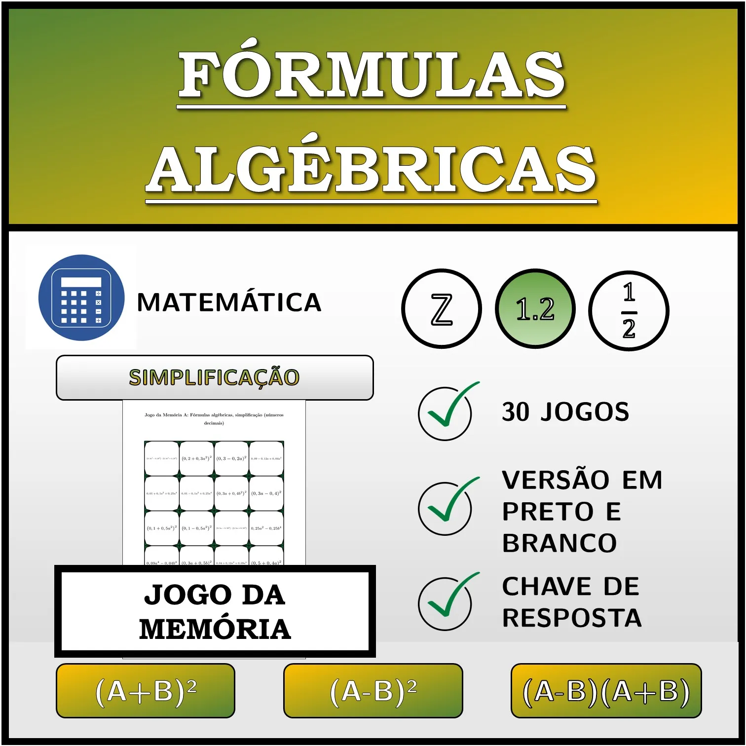 Jogo da memória: Fórmulas algébricas, simplificação (números decimais)