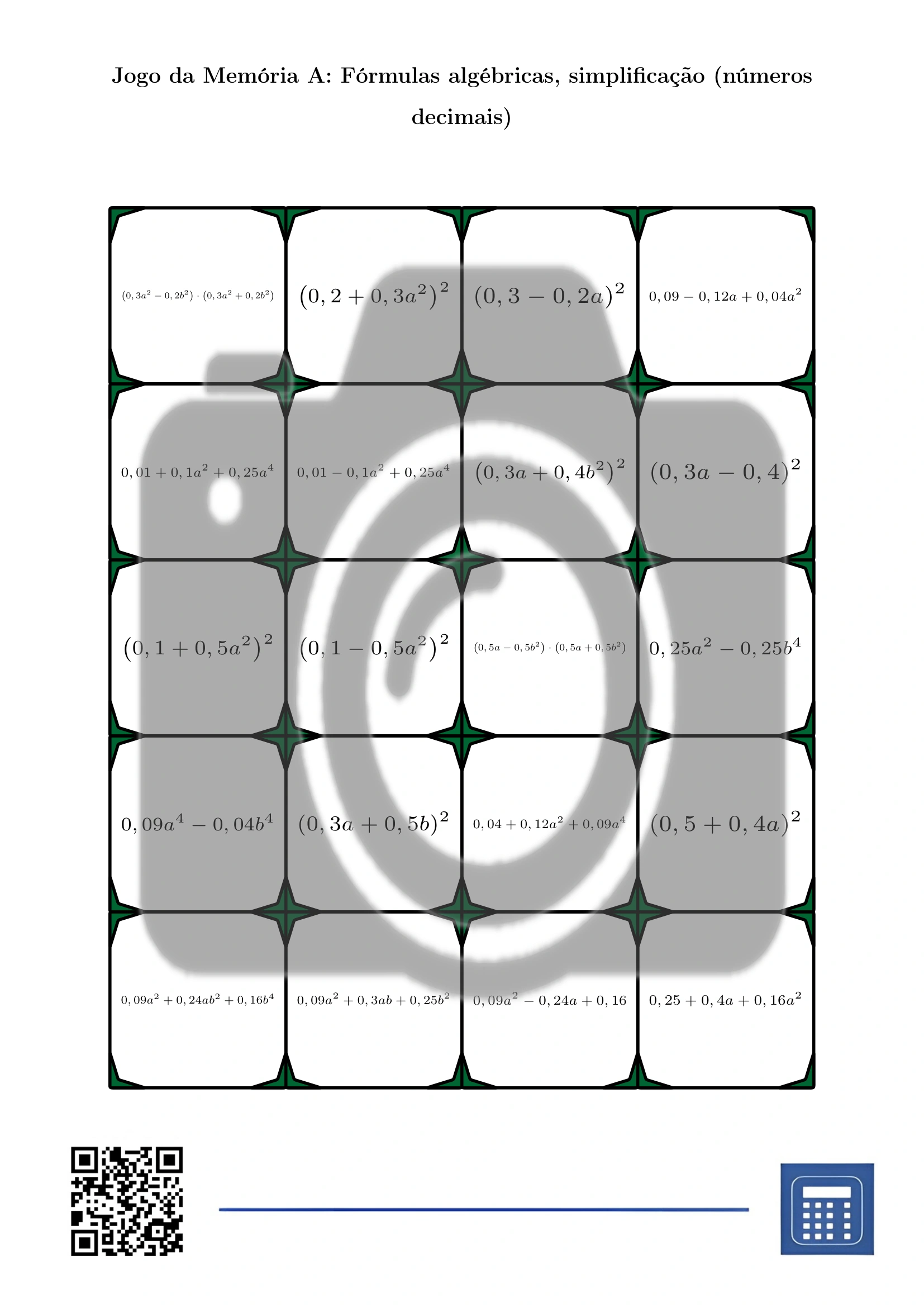 Jogo da memória: Fórmulas algébricas, simplificação (números decimais) - Image 2