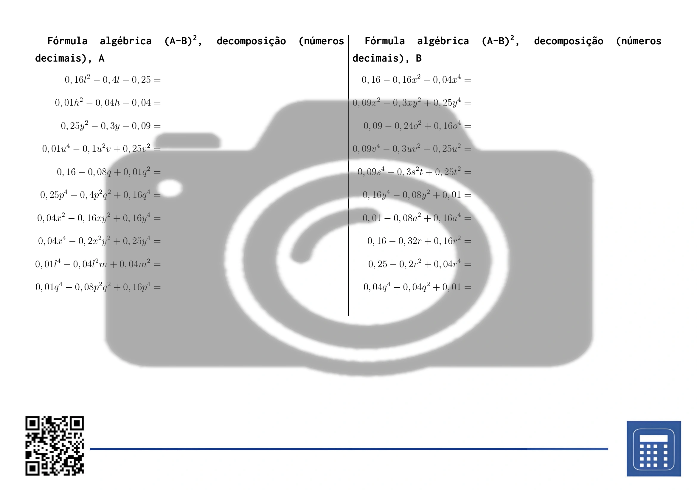 Folha de trabalho: Fórmula algébrica (A-B)², decomposição (números decimais) - Image 2