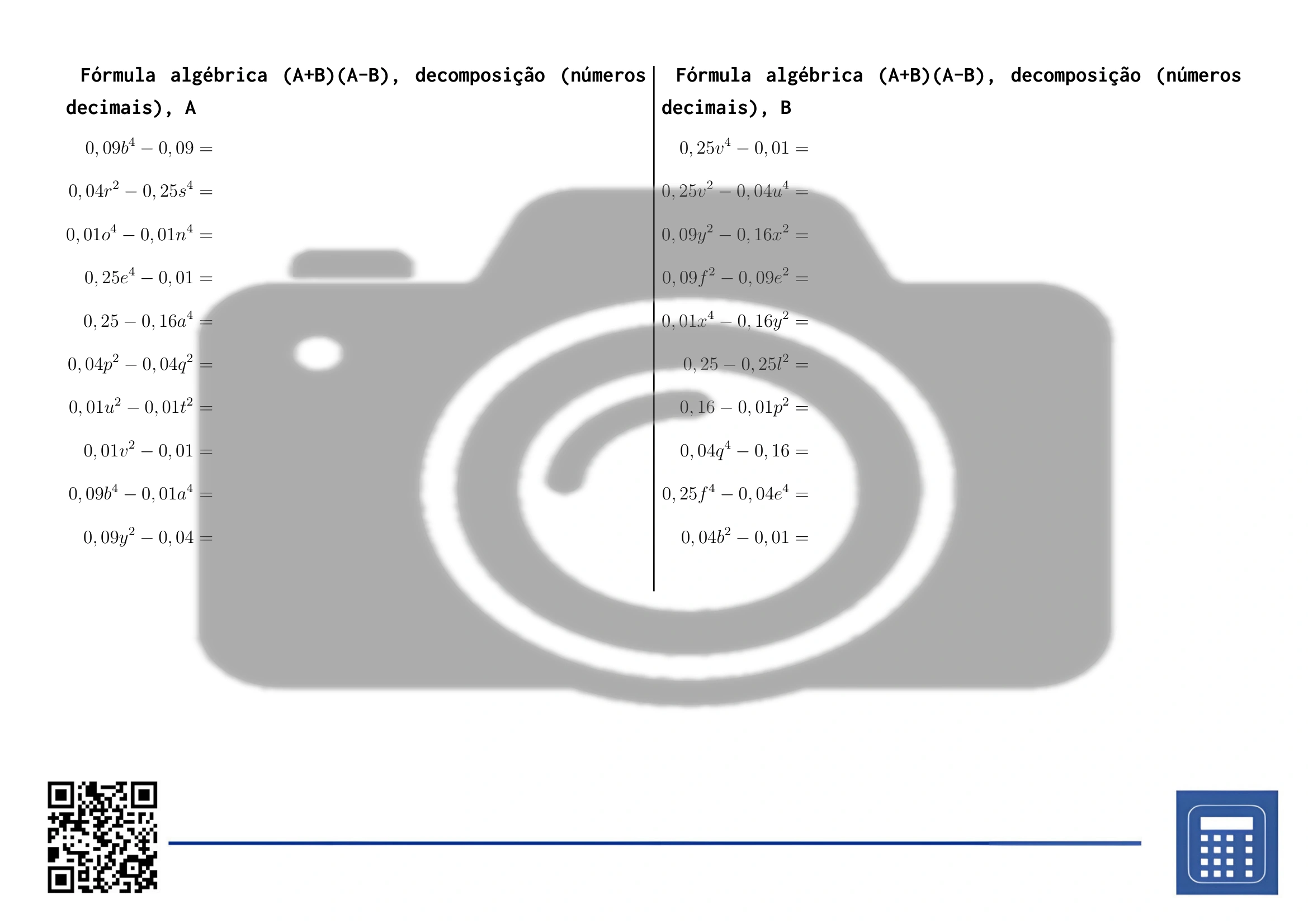 Folha de trabalho: Fórmula algébrica (A+B)(A-B), decomposição (números decimais) - Image 2