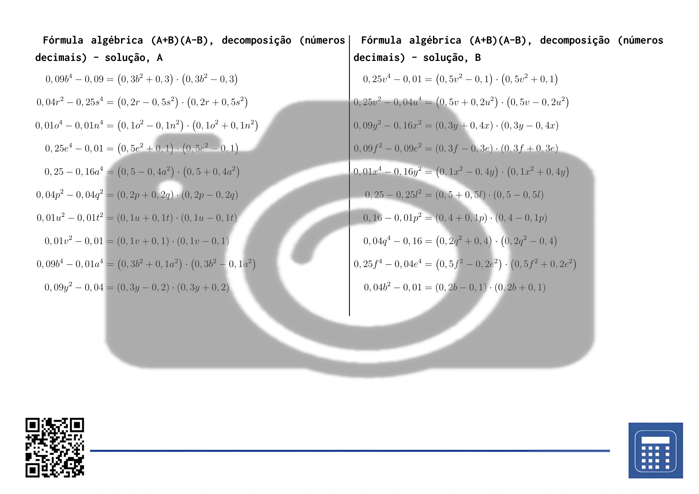 Folha de trabalho: Fórmula algébrica (A+B)(A-B), decomposição (números decimais) - Image 4