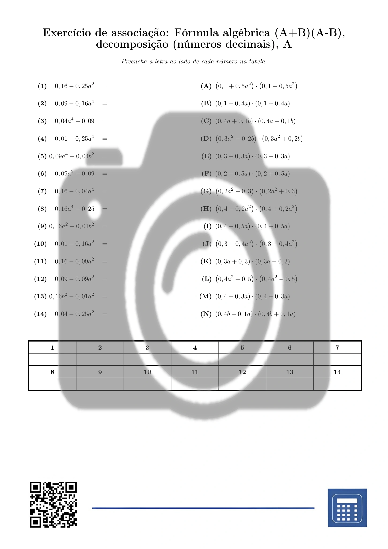 Exercício de associação: Fórmula algébrica (A+B)(A-B), decomposição (números decimais) - Image 2