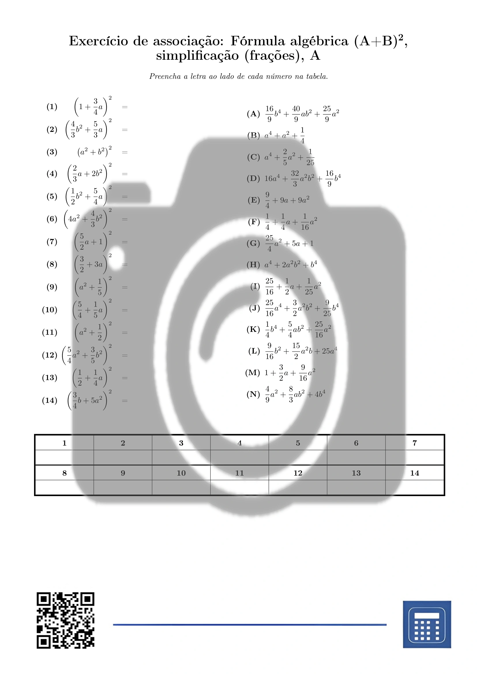 Exercício de associação: Fórmula algébrica (A+B)², simplificação (frações) - Image 2