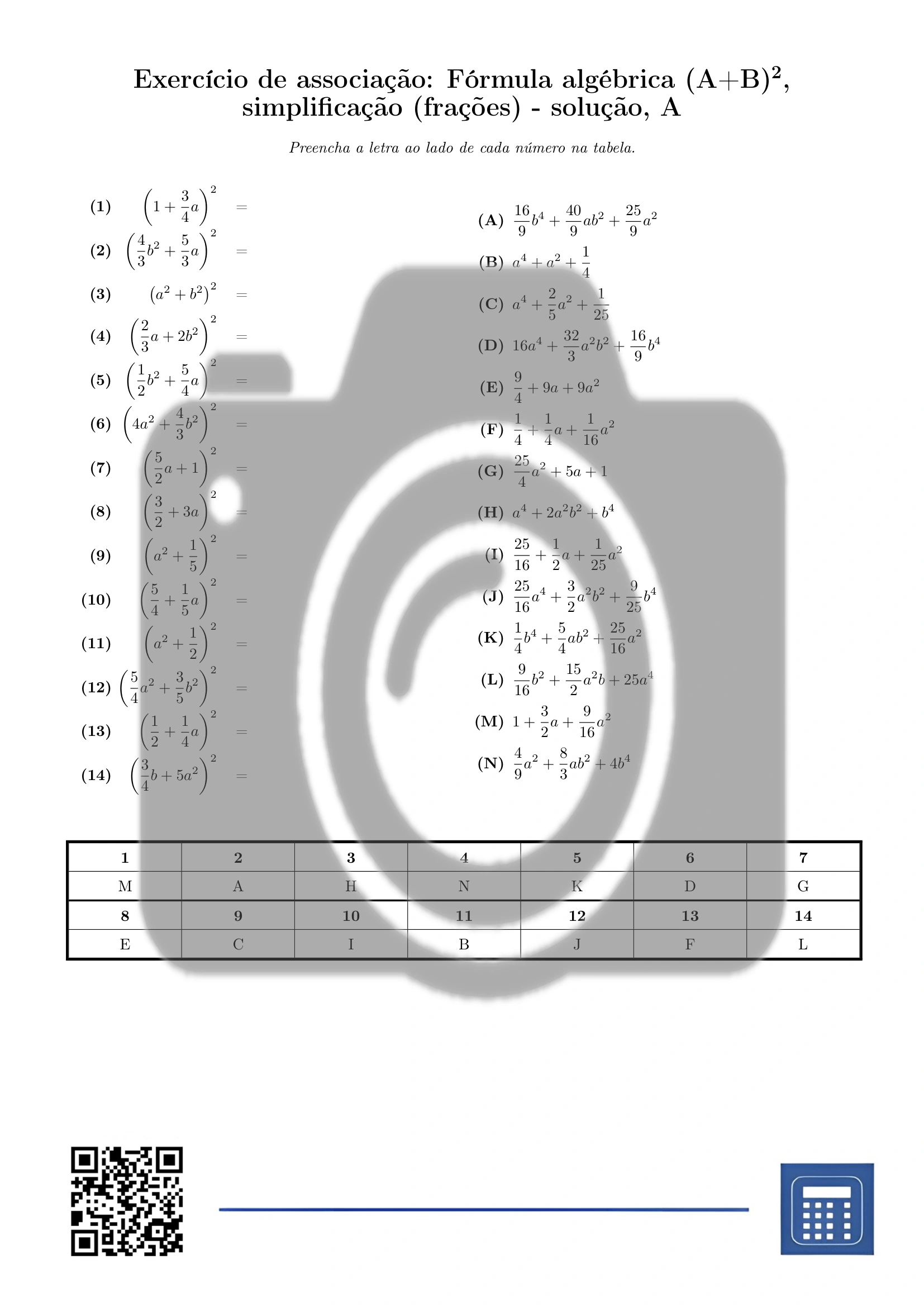 Exercício de associação: Fórmula algébrica (A+B)², simplificação (frações) - Image 3