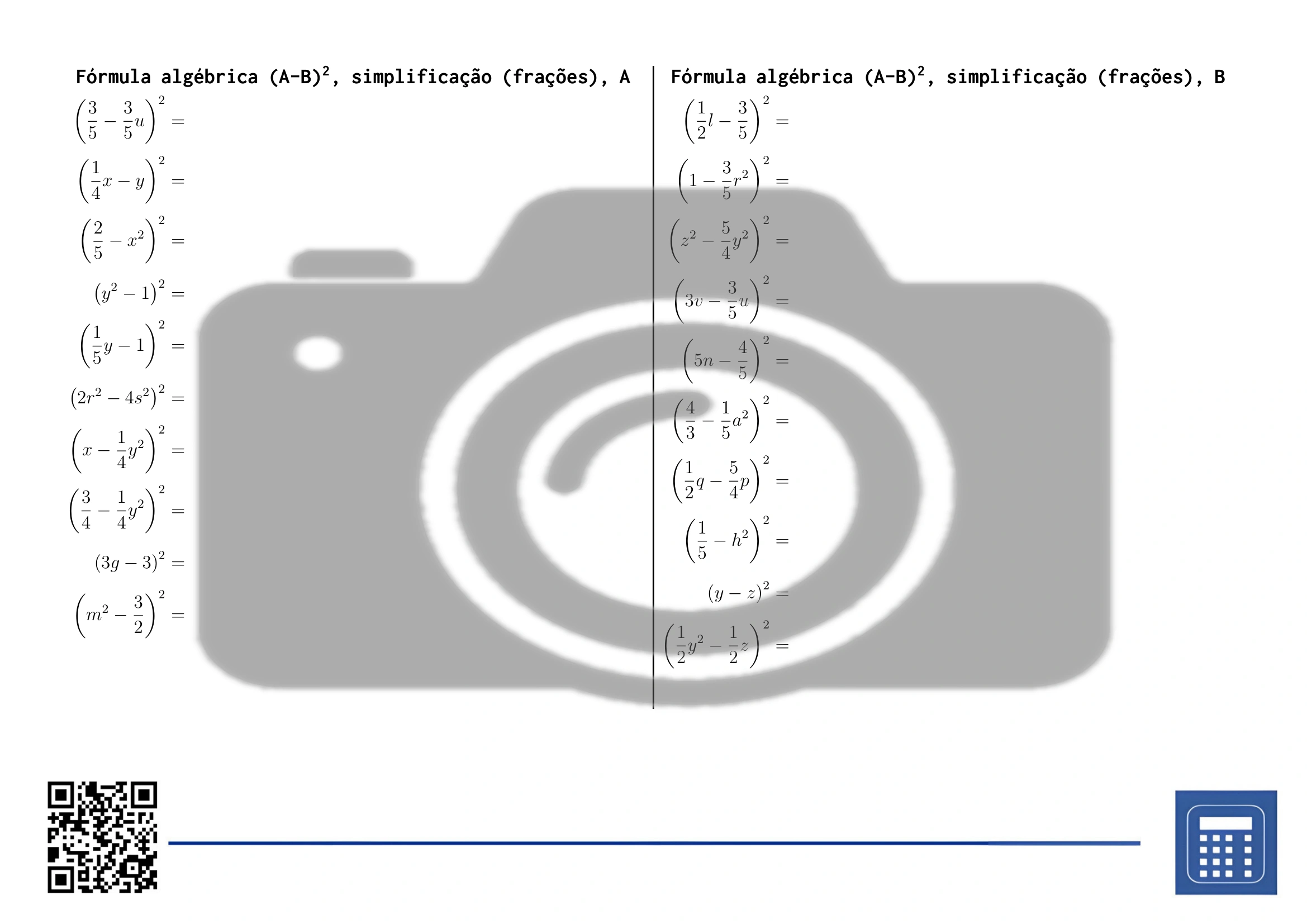 Folha de trabalho: Fórmula algébrica (A-B)², simplificação (frações) - Image 2