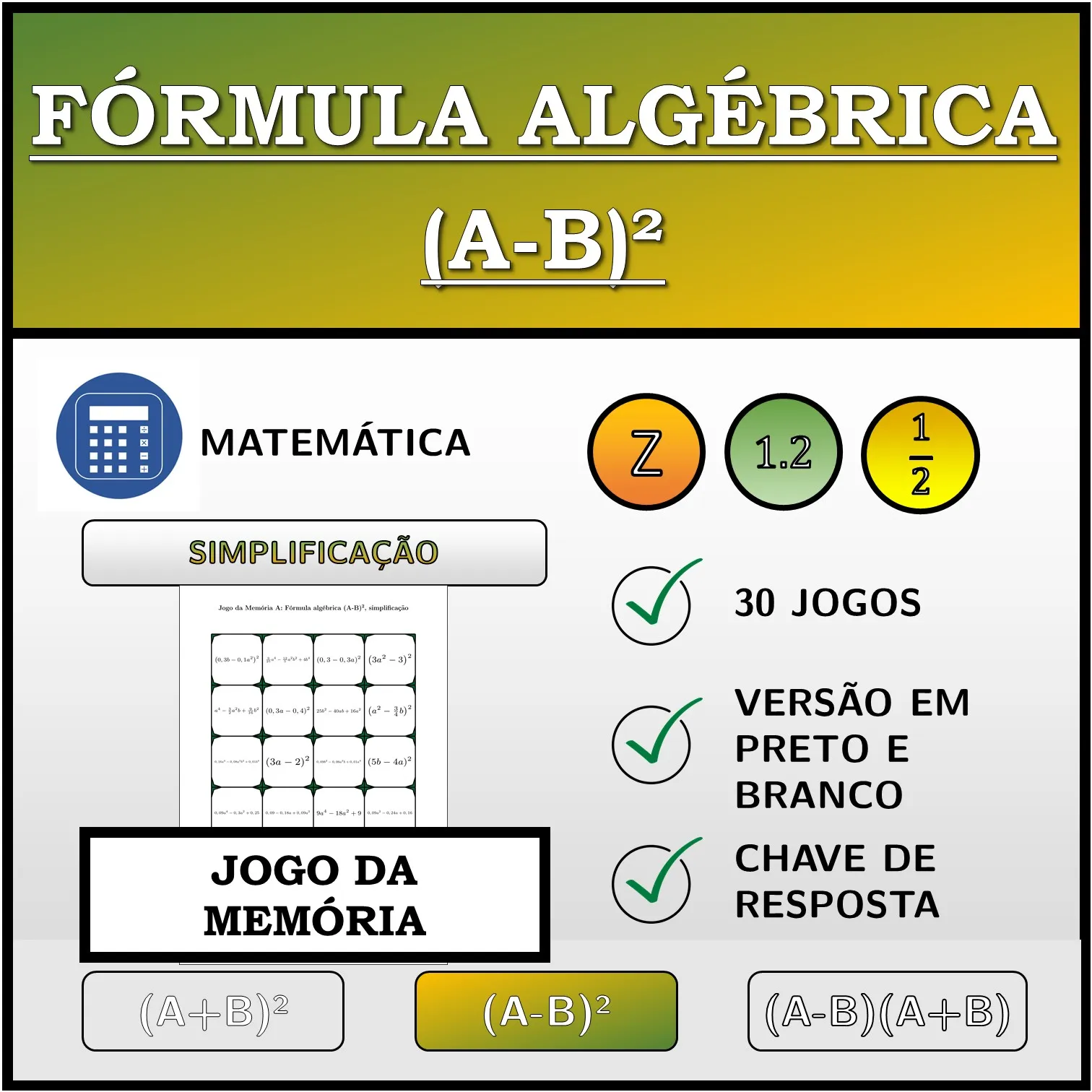 Jogo da memória: Fórmula algébrica (A-B)², simplificação