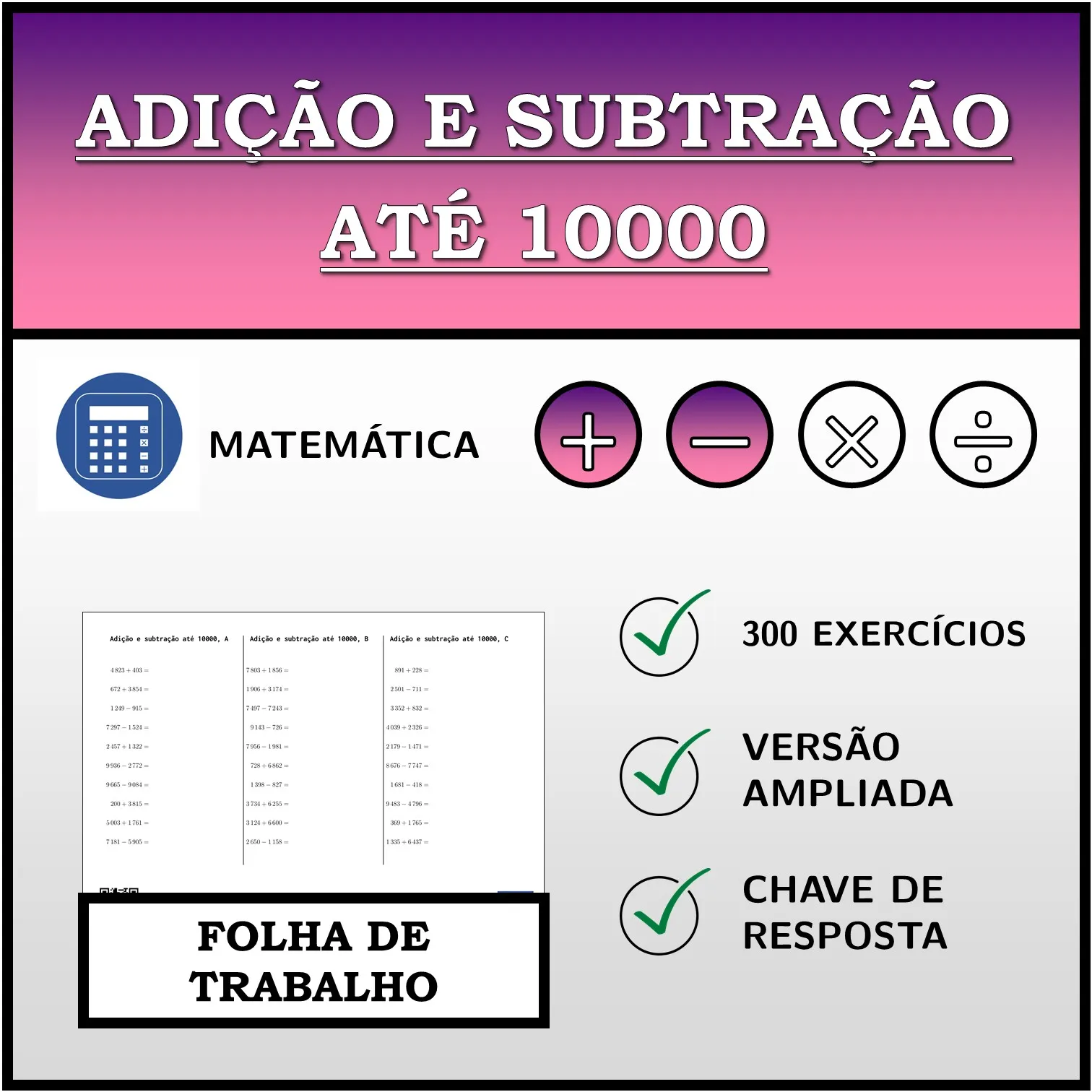 Folha de trabalho: Adição e subtração até 10000