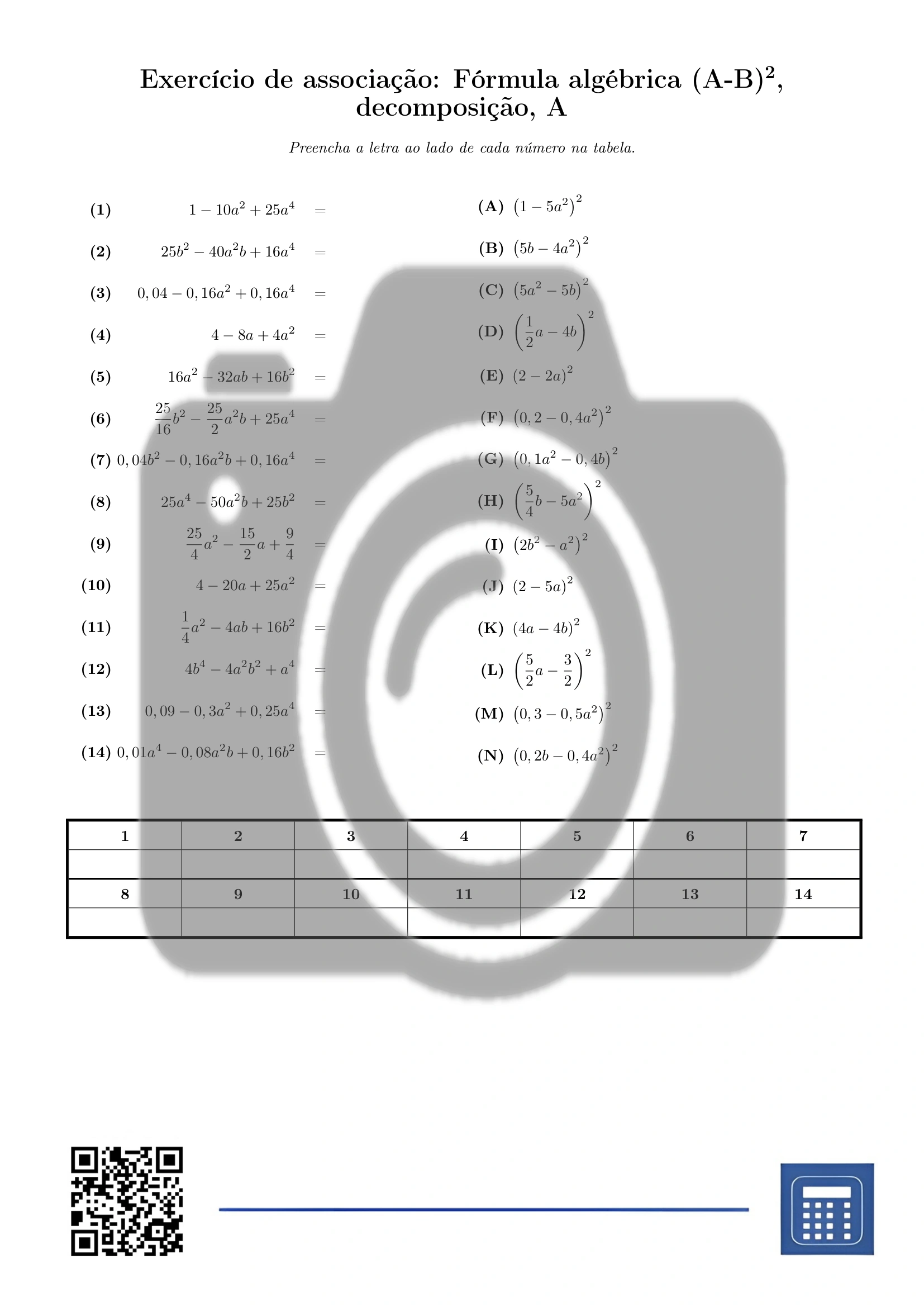 Exercício de associação: Fórmula algébrica (A-B)², decomposição - Image 2