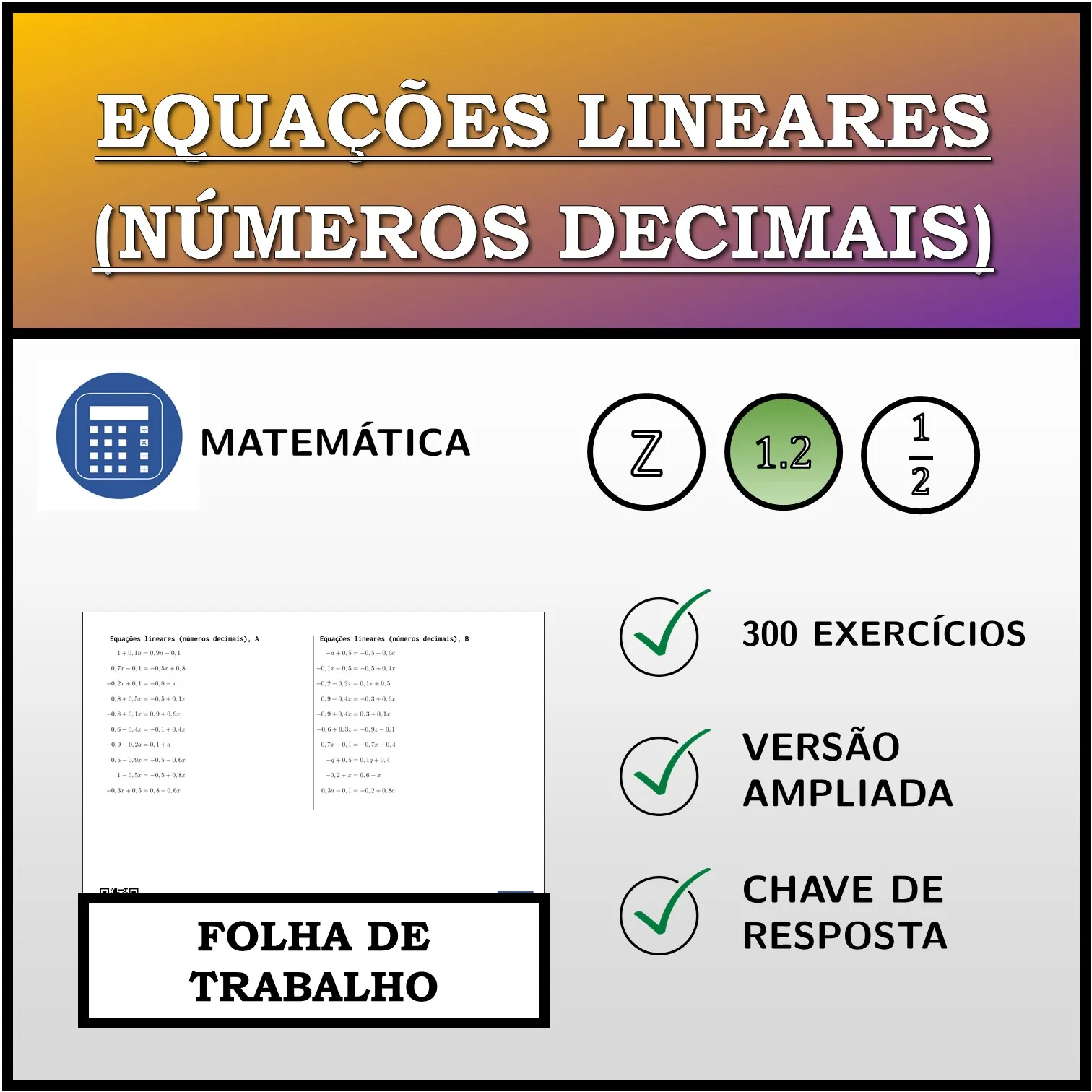 Folha de trabalho: Equações lineares (números decimais)