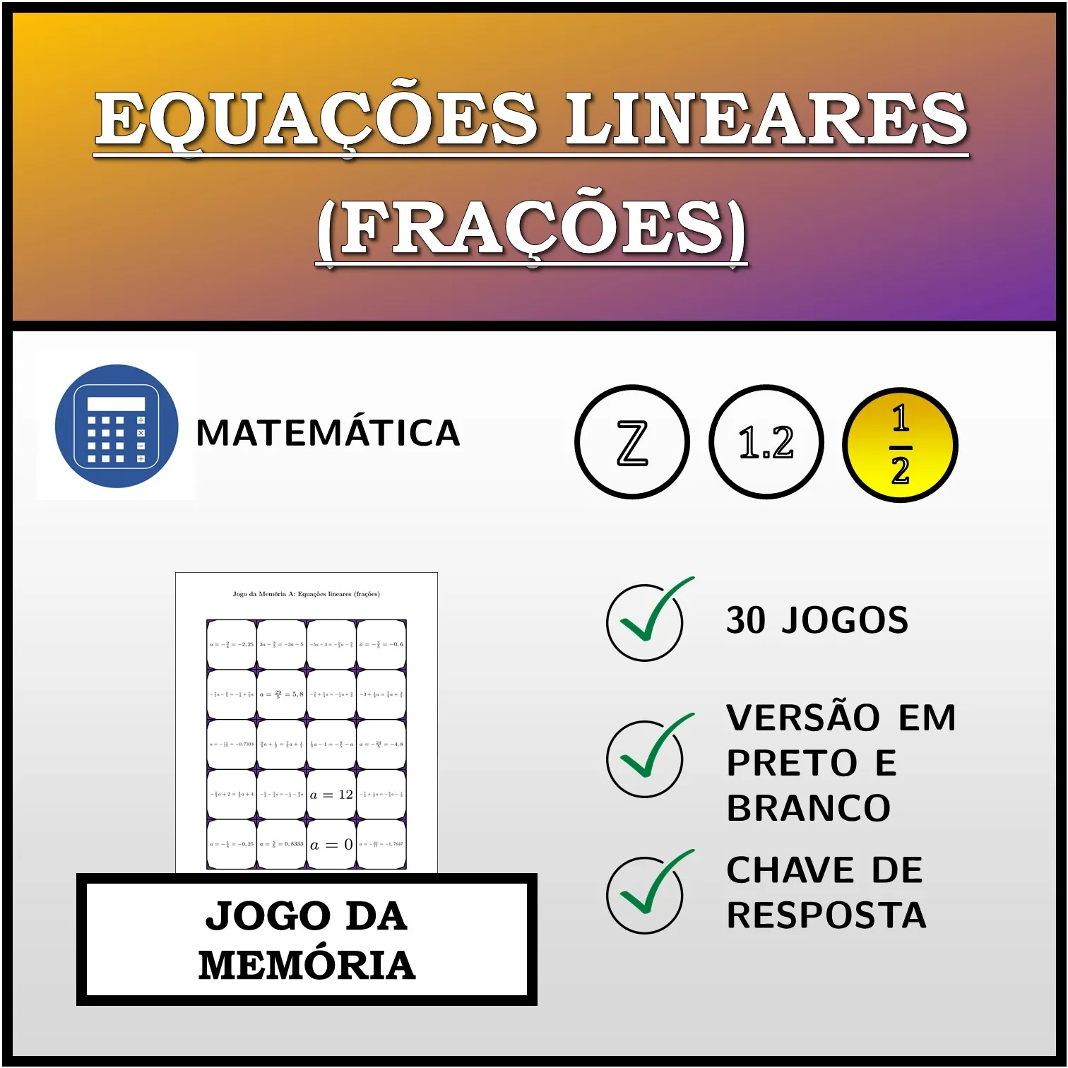 Jogo da memória: Equações lineares (frações)