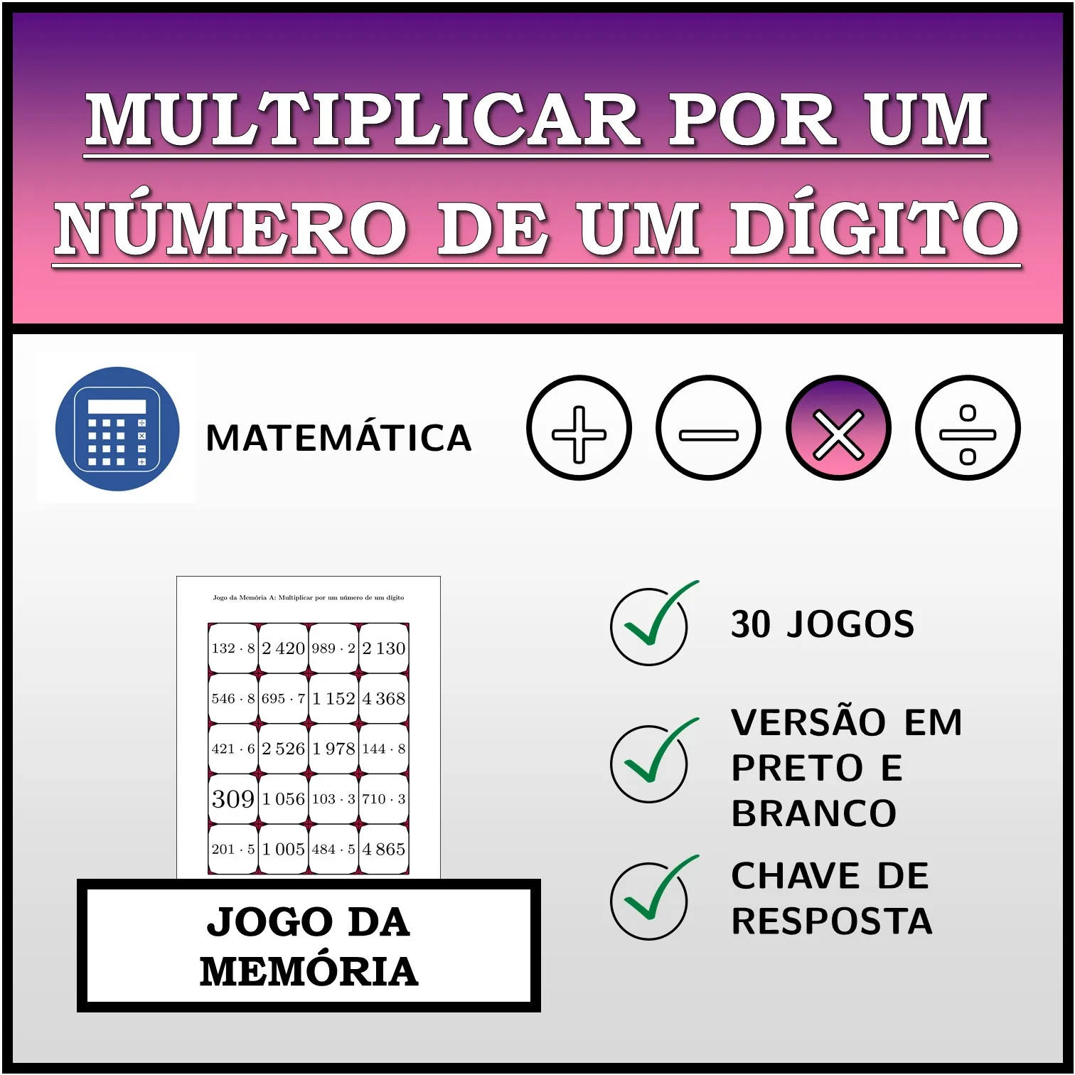 Jogo da memória: Multiplicar por um número de um dígito