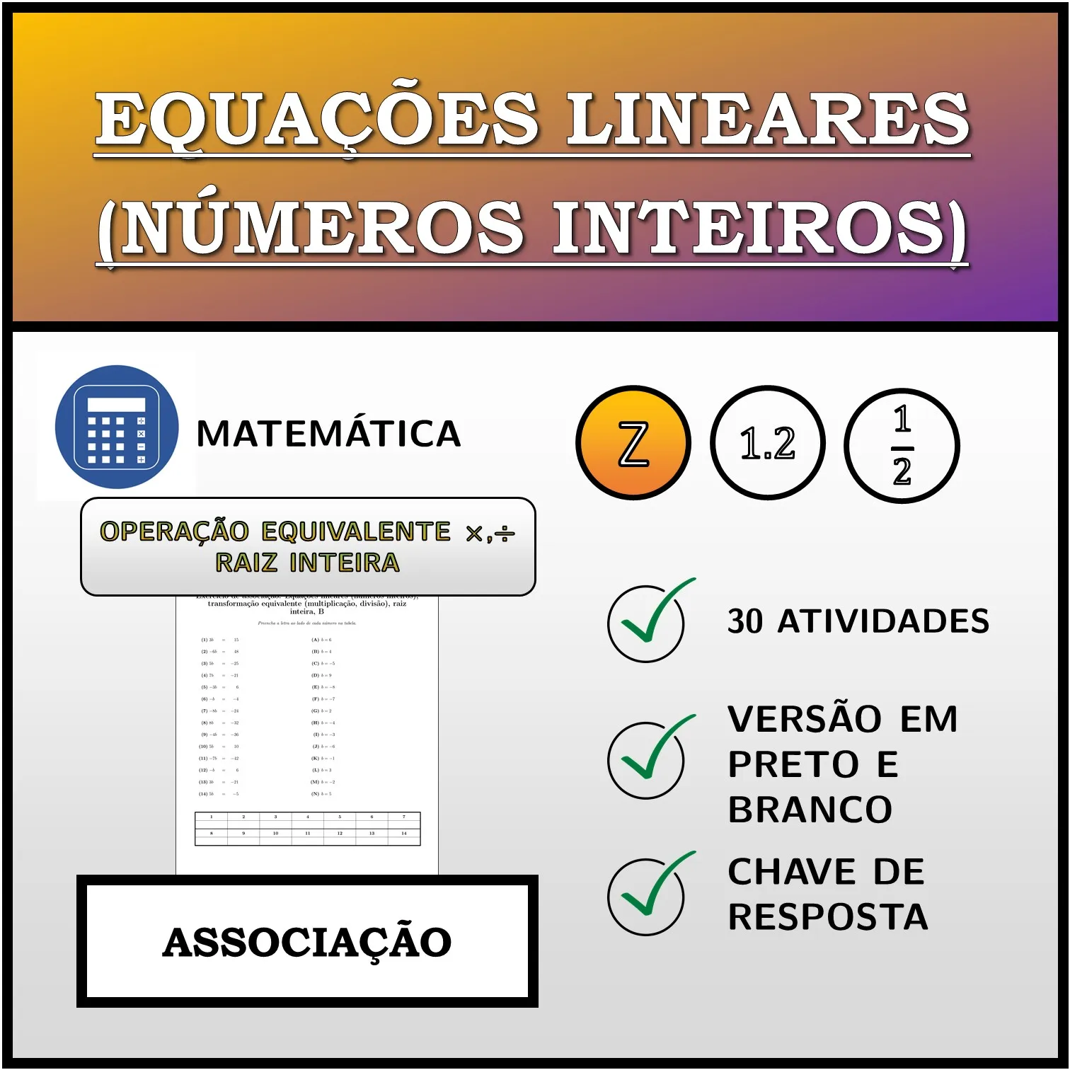 Exercício de associação: Equações lineares (números inteiros), transformação equivalente (multiplicação, divisão), raiz inteira