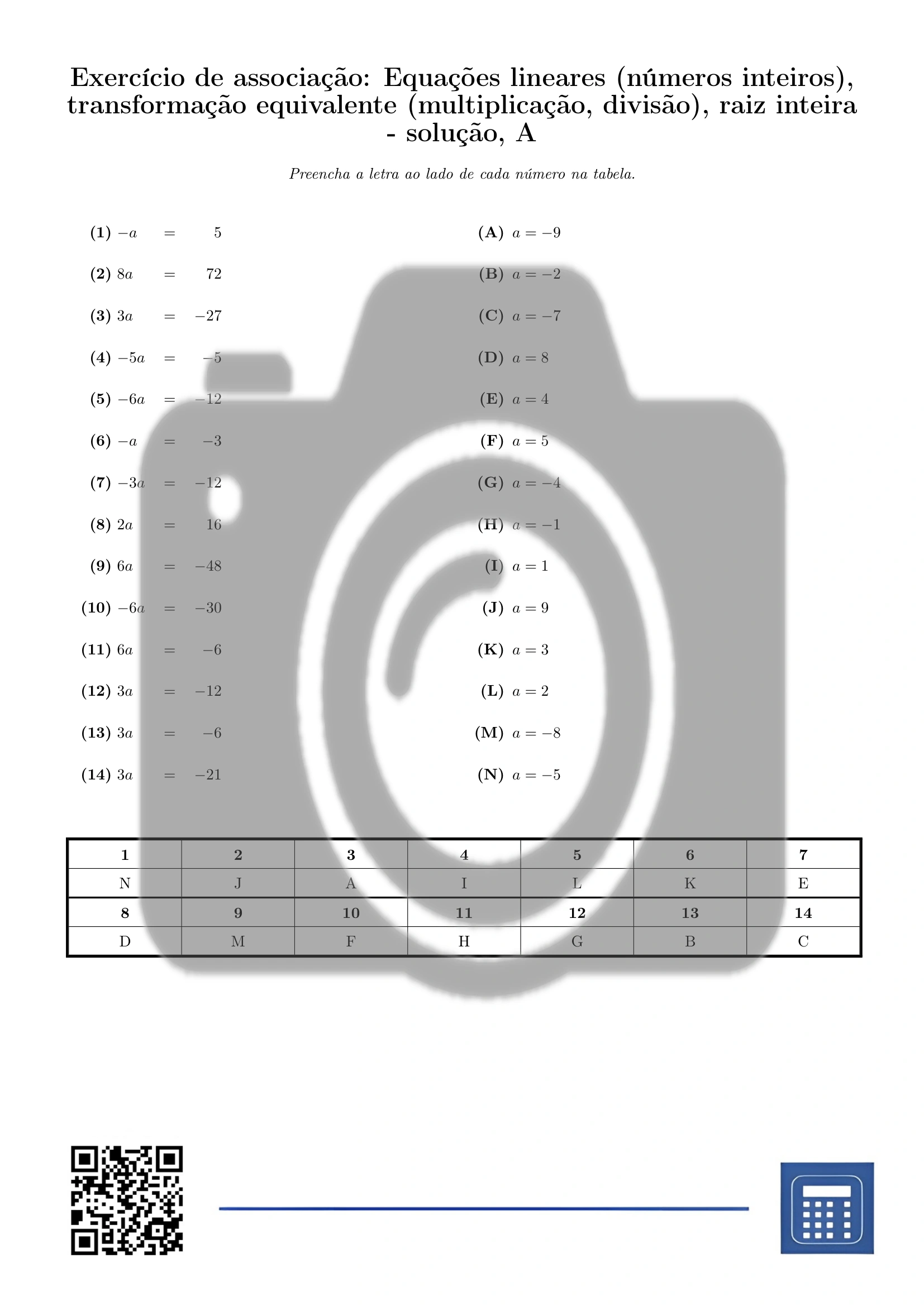 Exercício de associação: Equações lineares (números inteiros), transformação equivalente (multiplicação, divisão), raiz inteira - Image 3