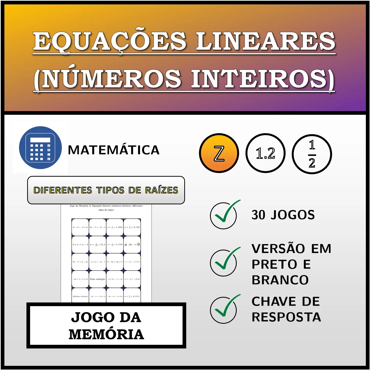 Jogo da memória: Equações lineares (números inteiros), diferentes tipos de raízes