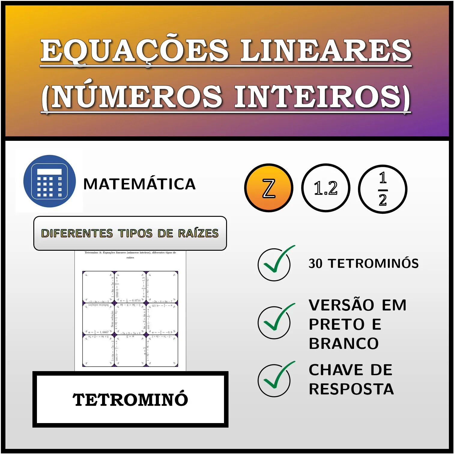 Tetromino: Equações lineares (números inteiros), diferentes tipos de raízes