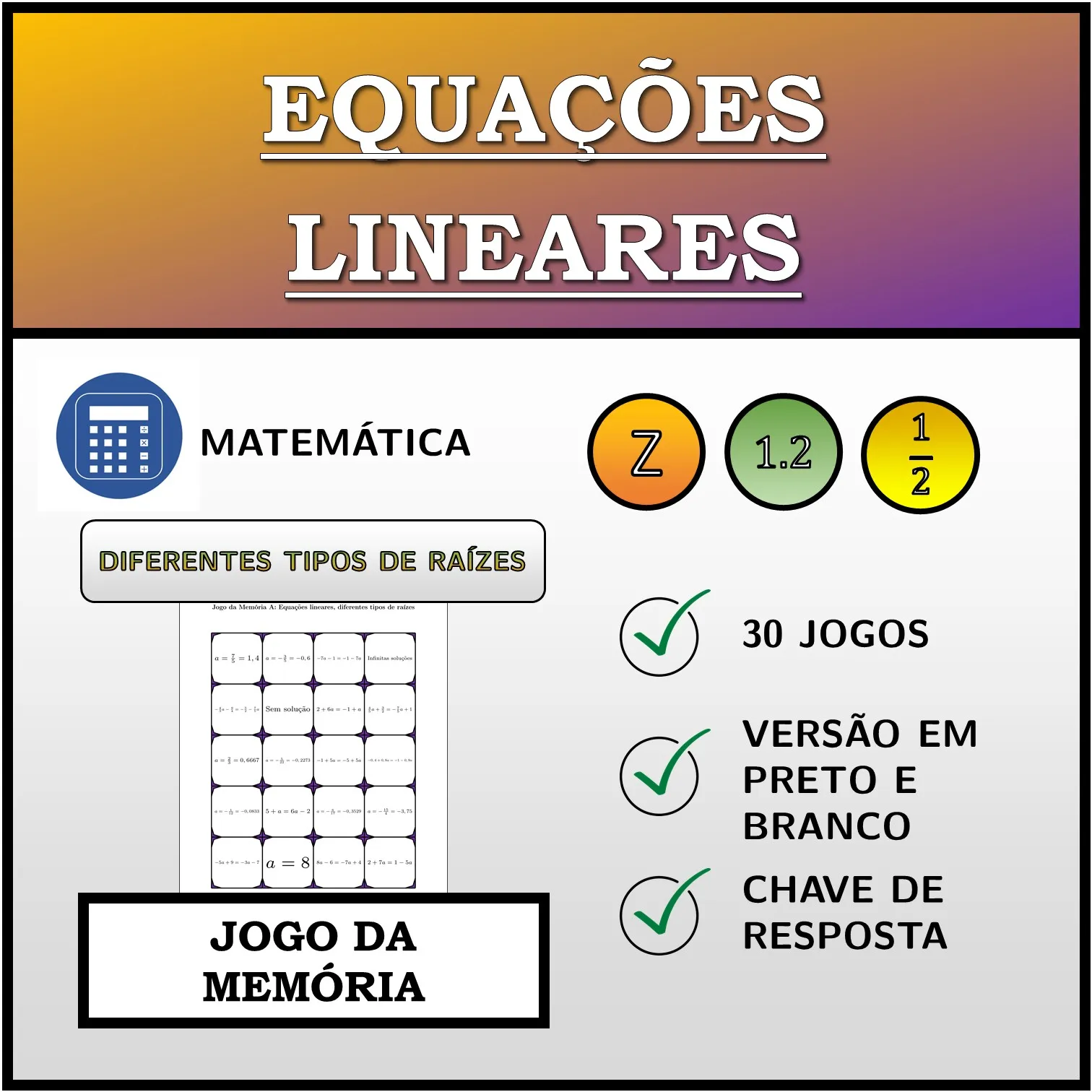 Jogo da memória: Equações lineares, diferentes tipos de raízes