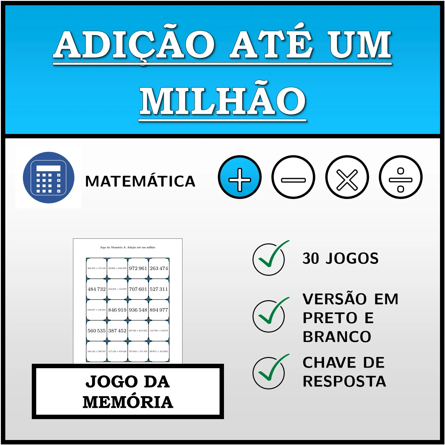 Jogo da memória: Adição até um milhão