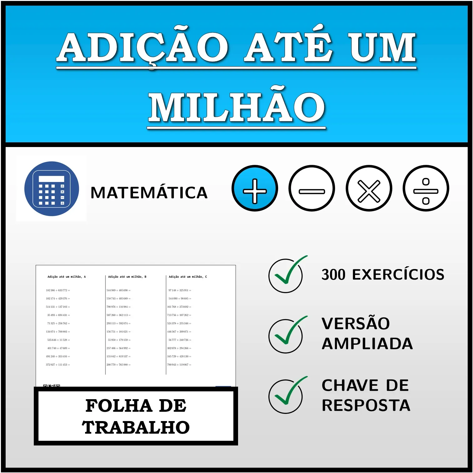 Folha de trabalho: Adição até um milhão
