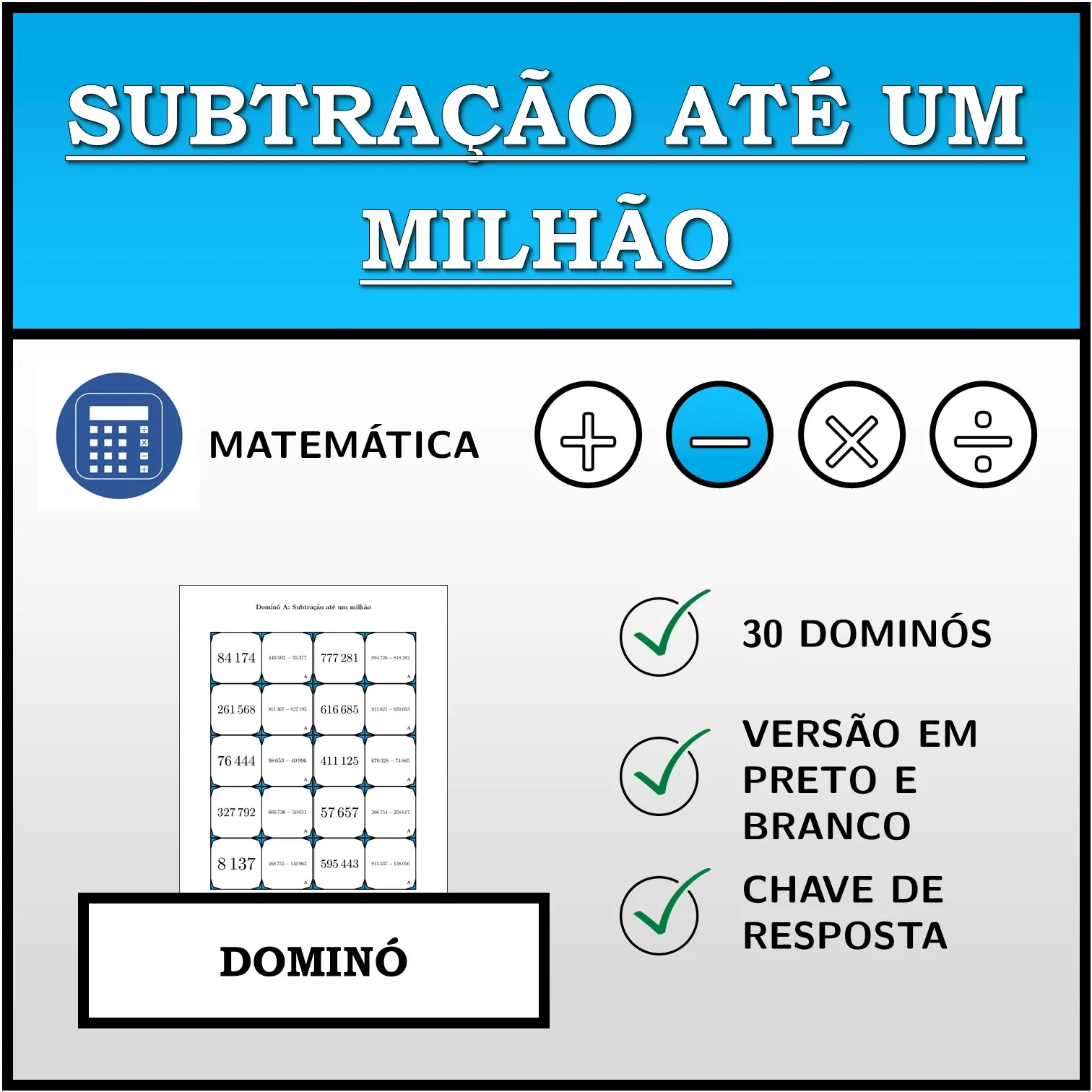 Dominó: Subtração até um milhão