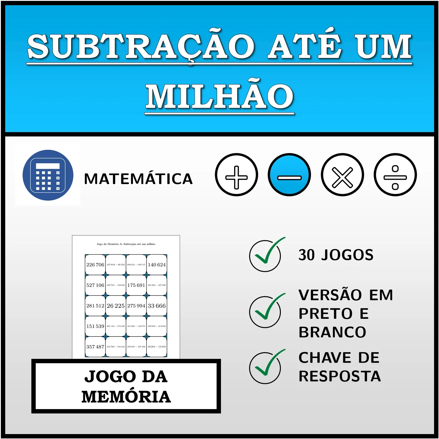 Jogo da memória: Subtração até um milhão