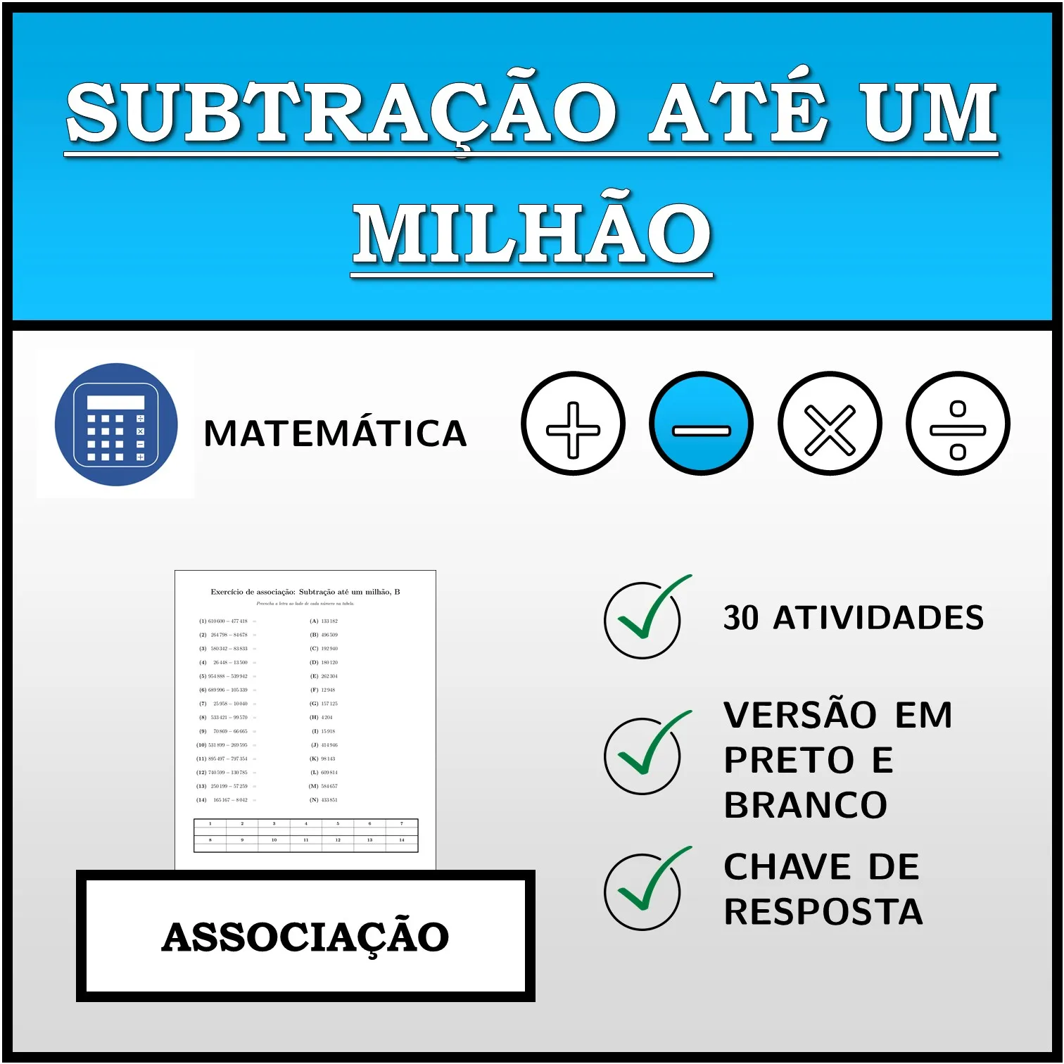 Exercício de associação: Subtração até um milhão