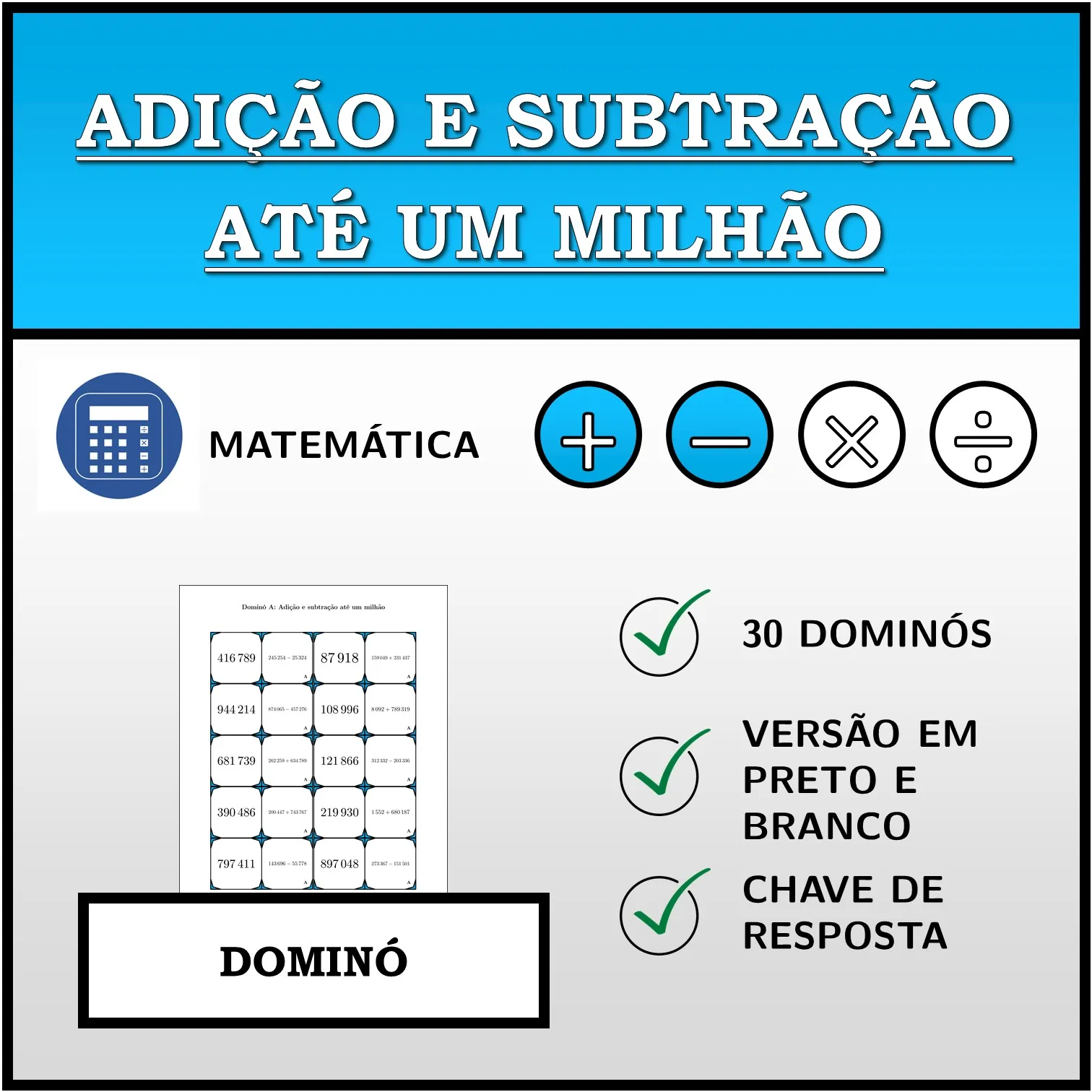 Dominó: Adição e subtração até um milhão