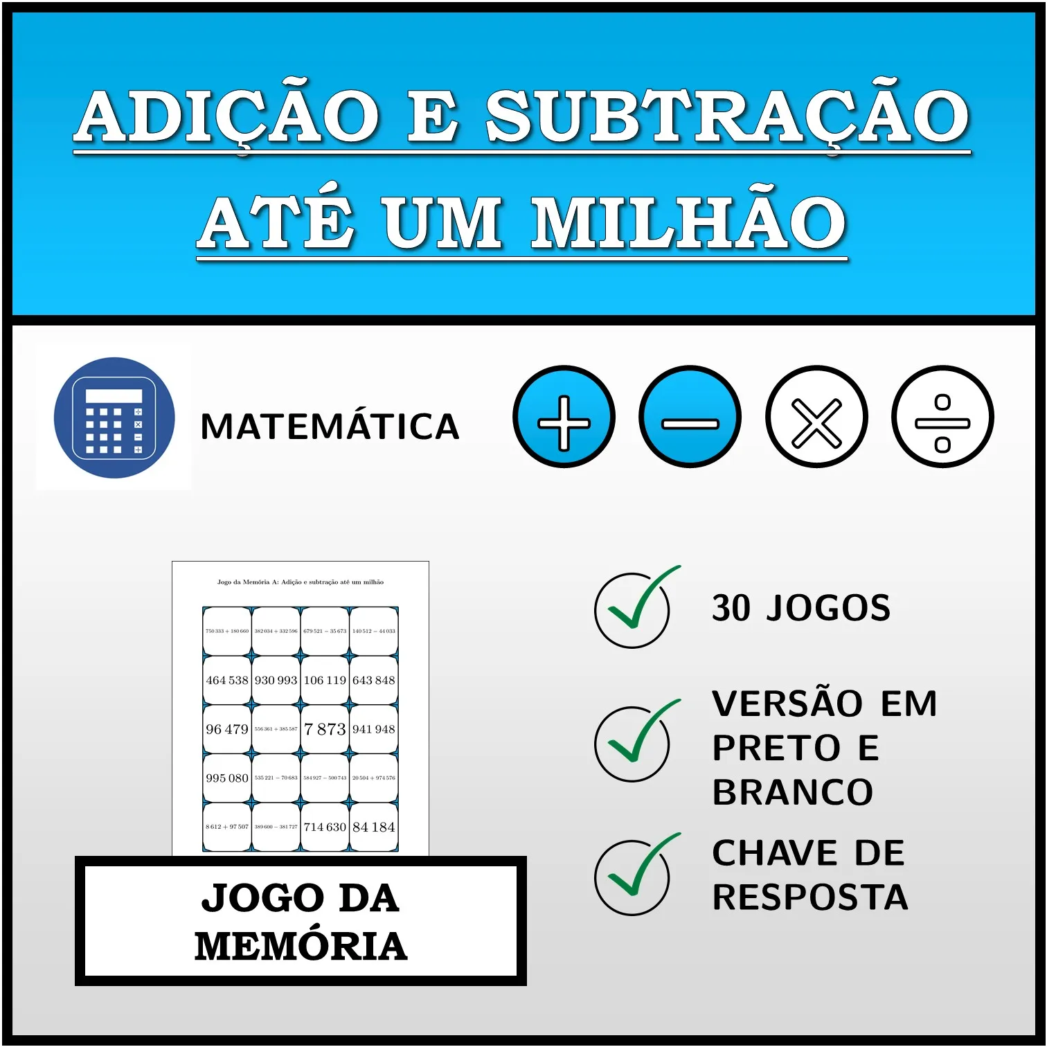 Jogo da memória: Adição e subtração até um milhão