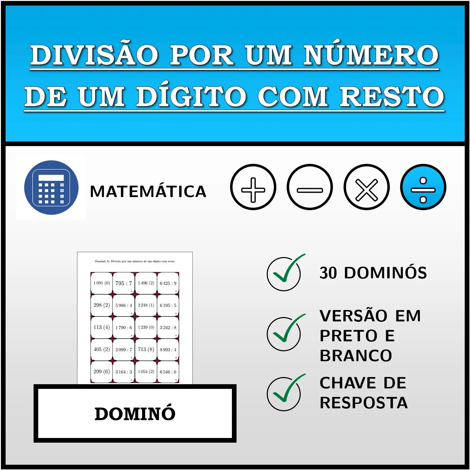 Dominó: Divisão por um número de um dígito com resto
