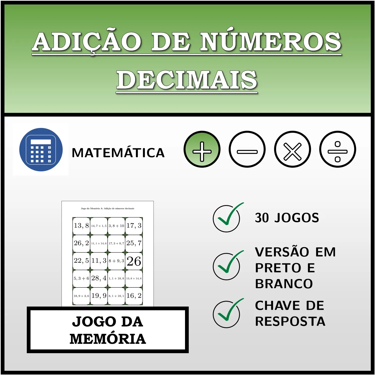 Jogo da memória: Adição de números decimais