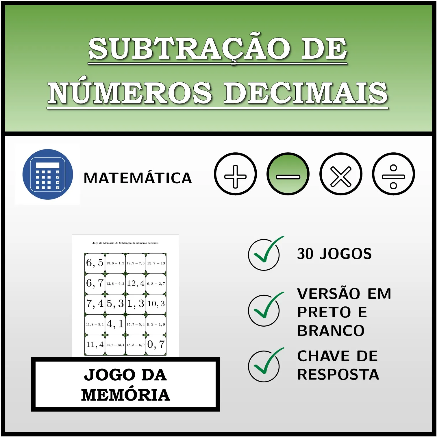 Jogo da memória: Subtração de números decimais