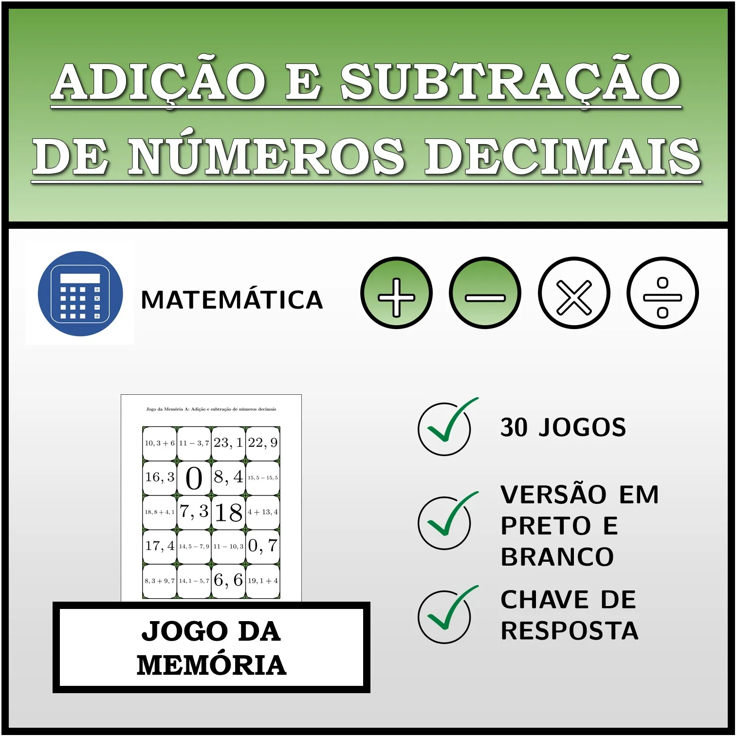 Jogo da memória: Adição e subtração de números decimais