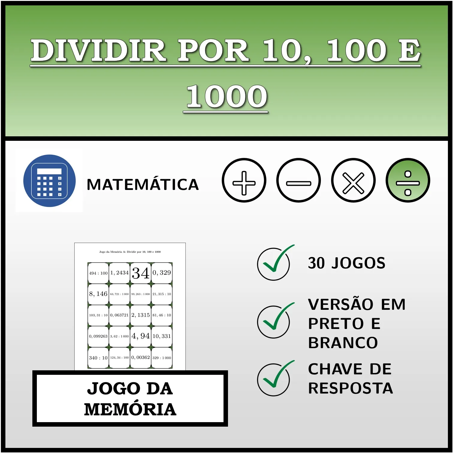 Jogo da memória: Dividir por 10, 100 e 1000
