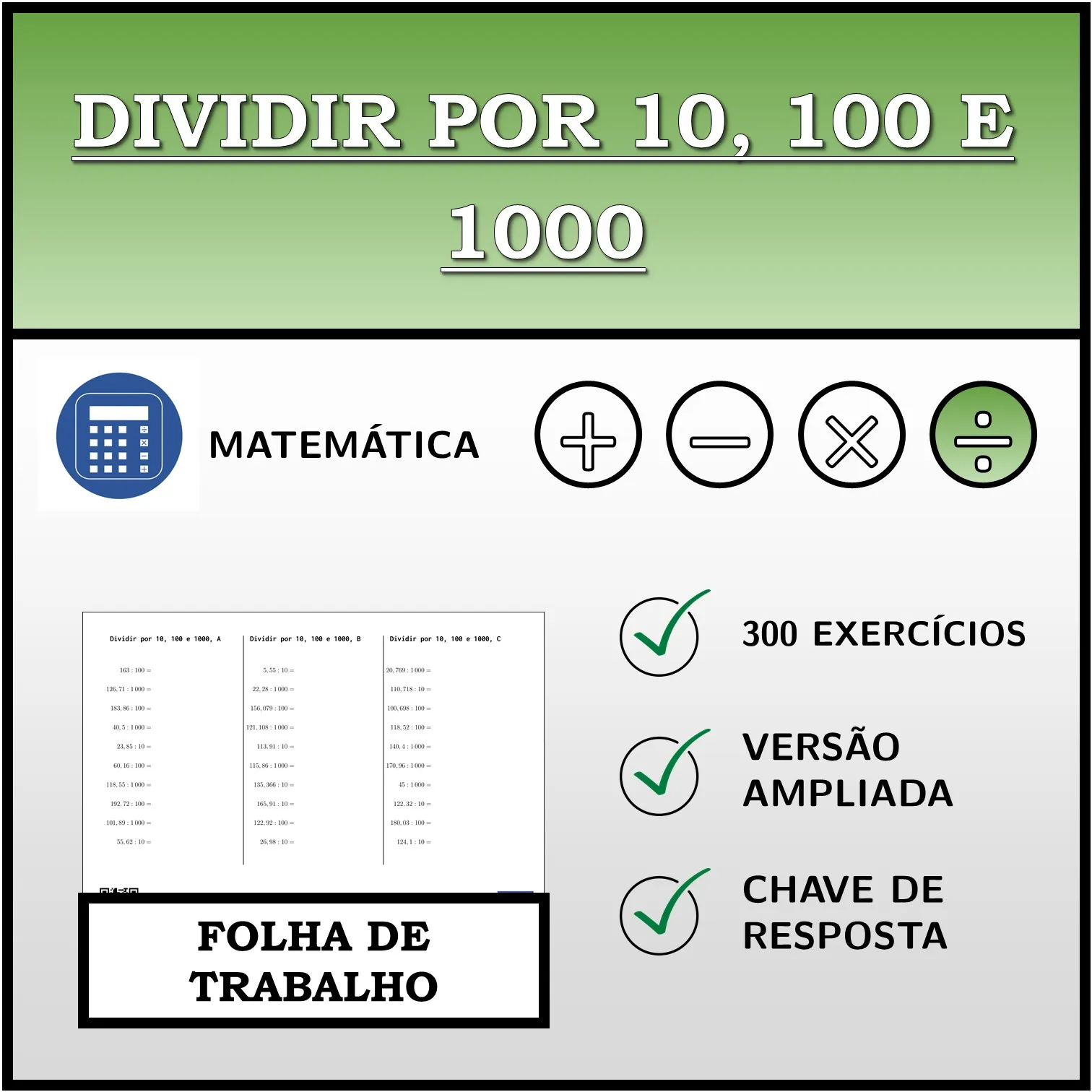 Folha de trabalho: Dividir por 10, 100 e 1000