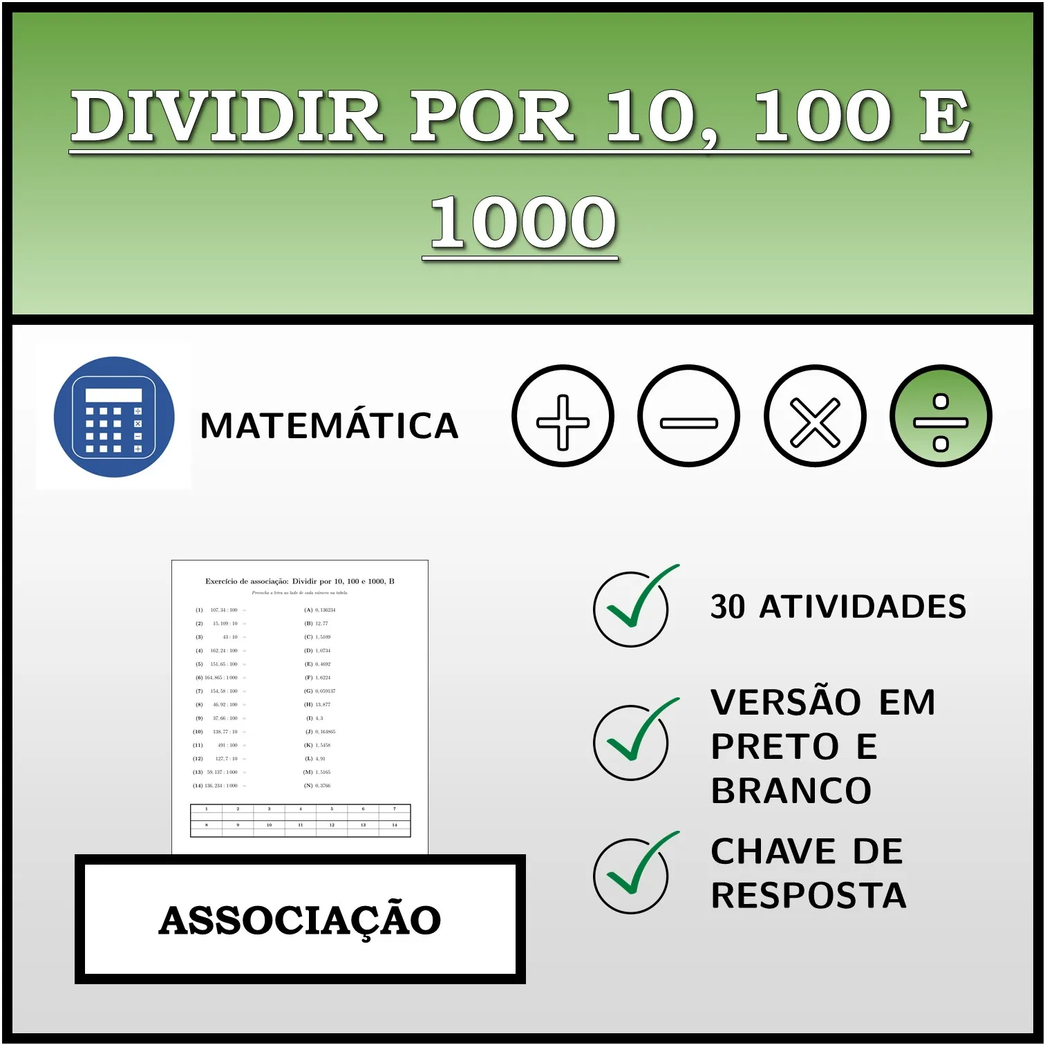 Exercício de associação: Dividir por 10, 100 e 1000