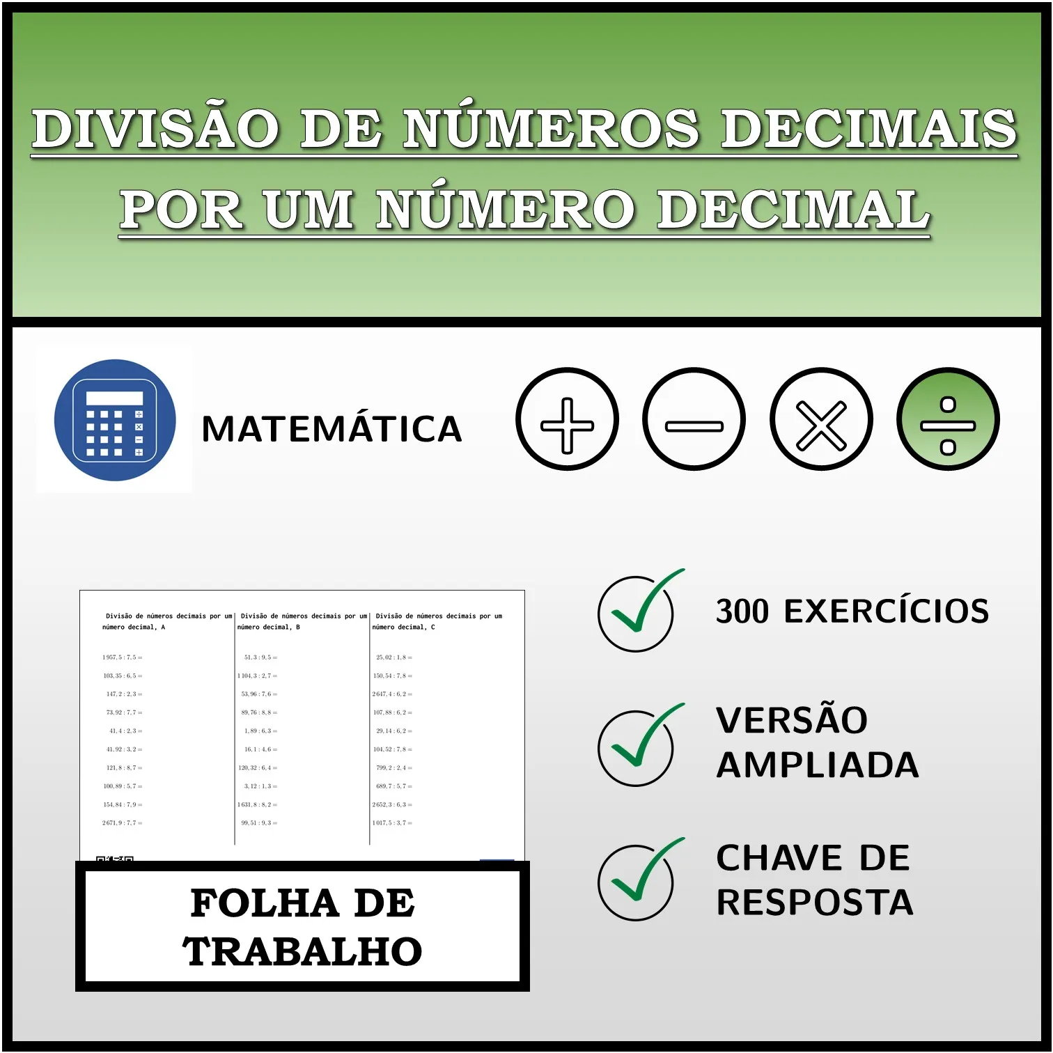 Folha de trabalho: Divisão de números decimais por um número decimal