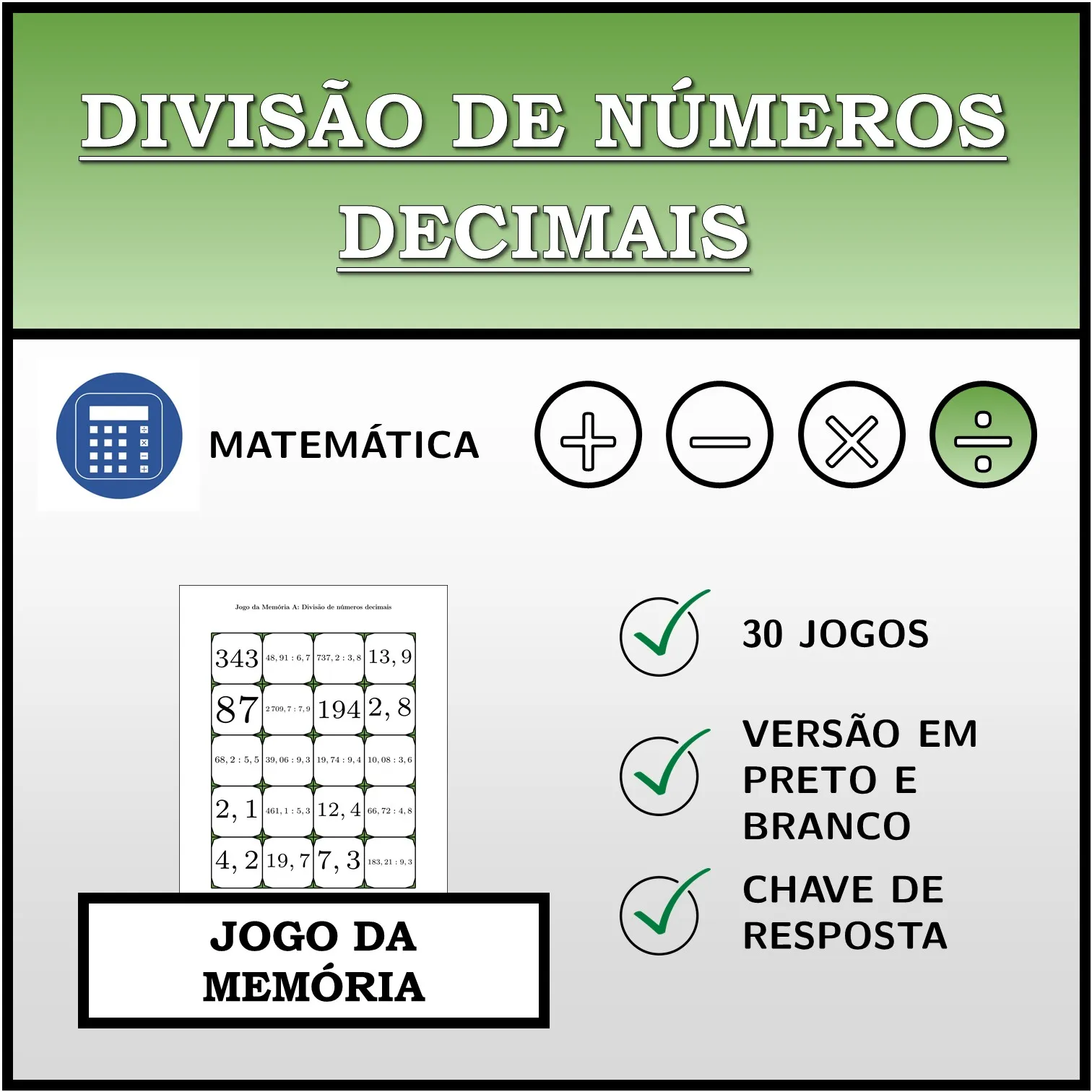 Jogo da memória: Divisão de números decimais
