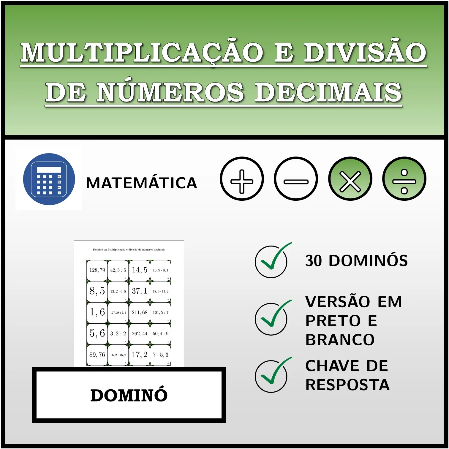 Dominó: Multiplicação e divisão de números decimais