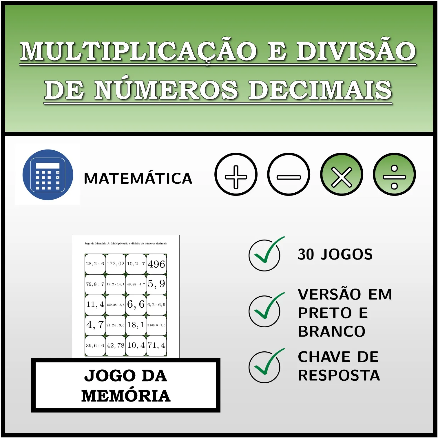 Jogo da memória: Multiplicação e divisão de números decimais