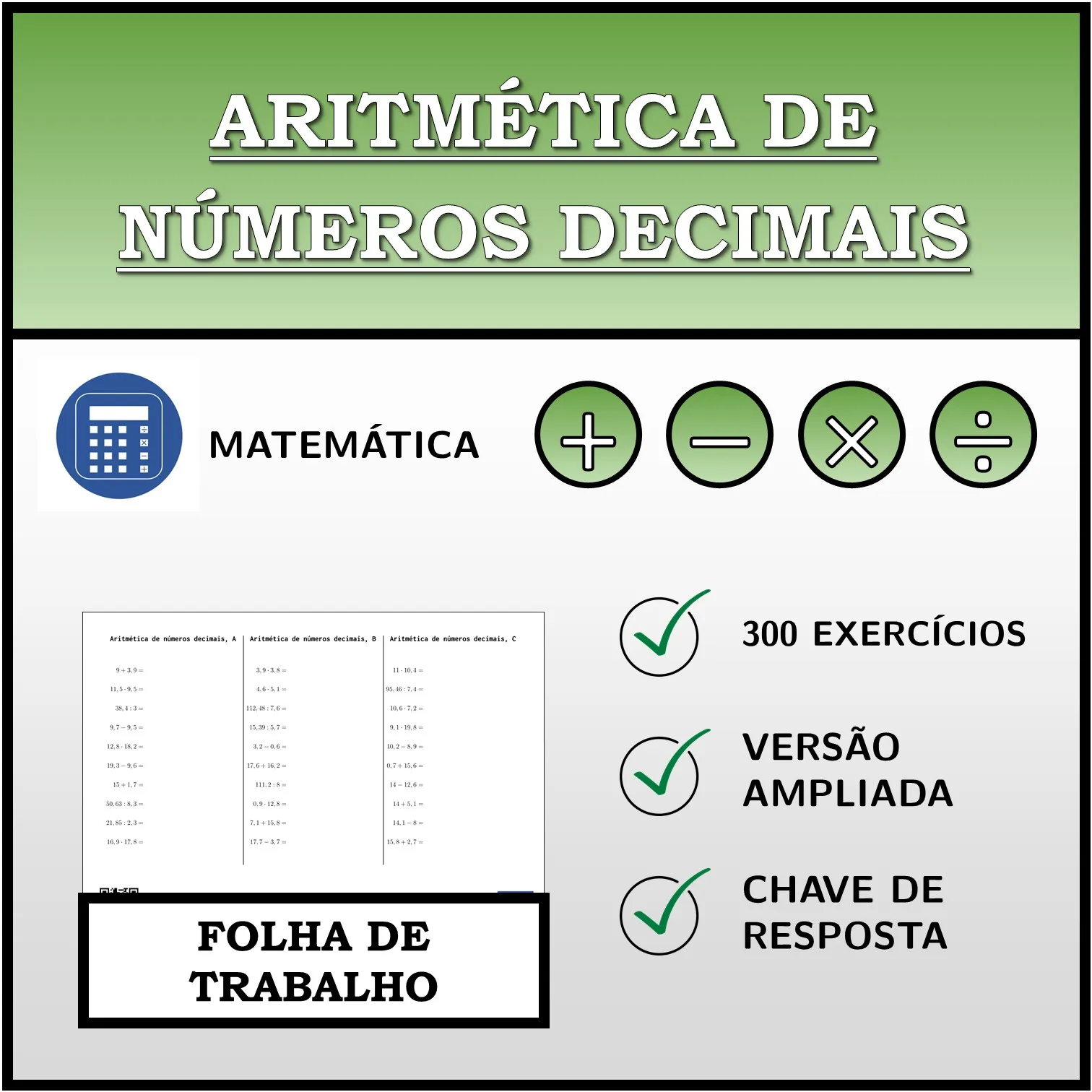 Folha de trabalho: Aritmética de números decimais