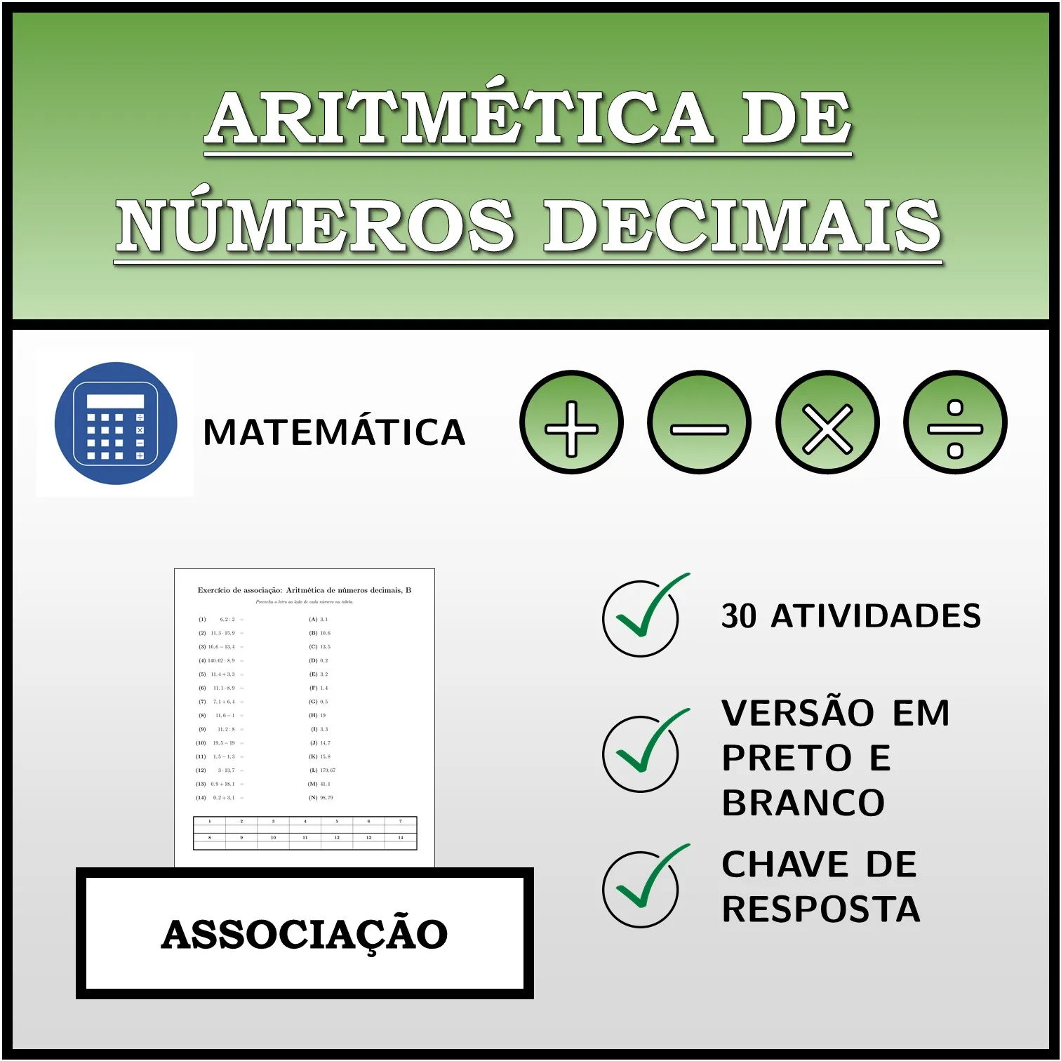 Exercício de associação: Aritmética de números decimais