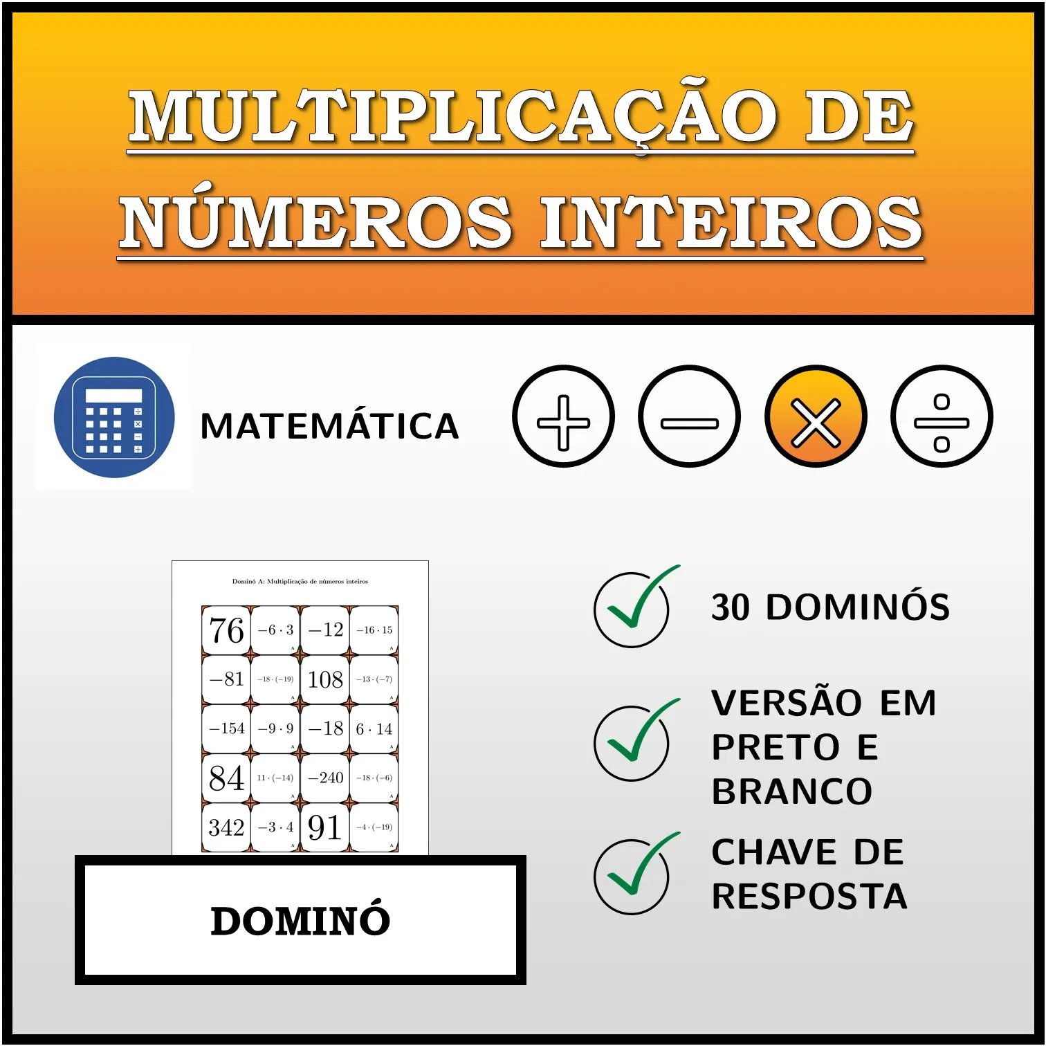 Dominó: Multiplicação de números inteiros
