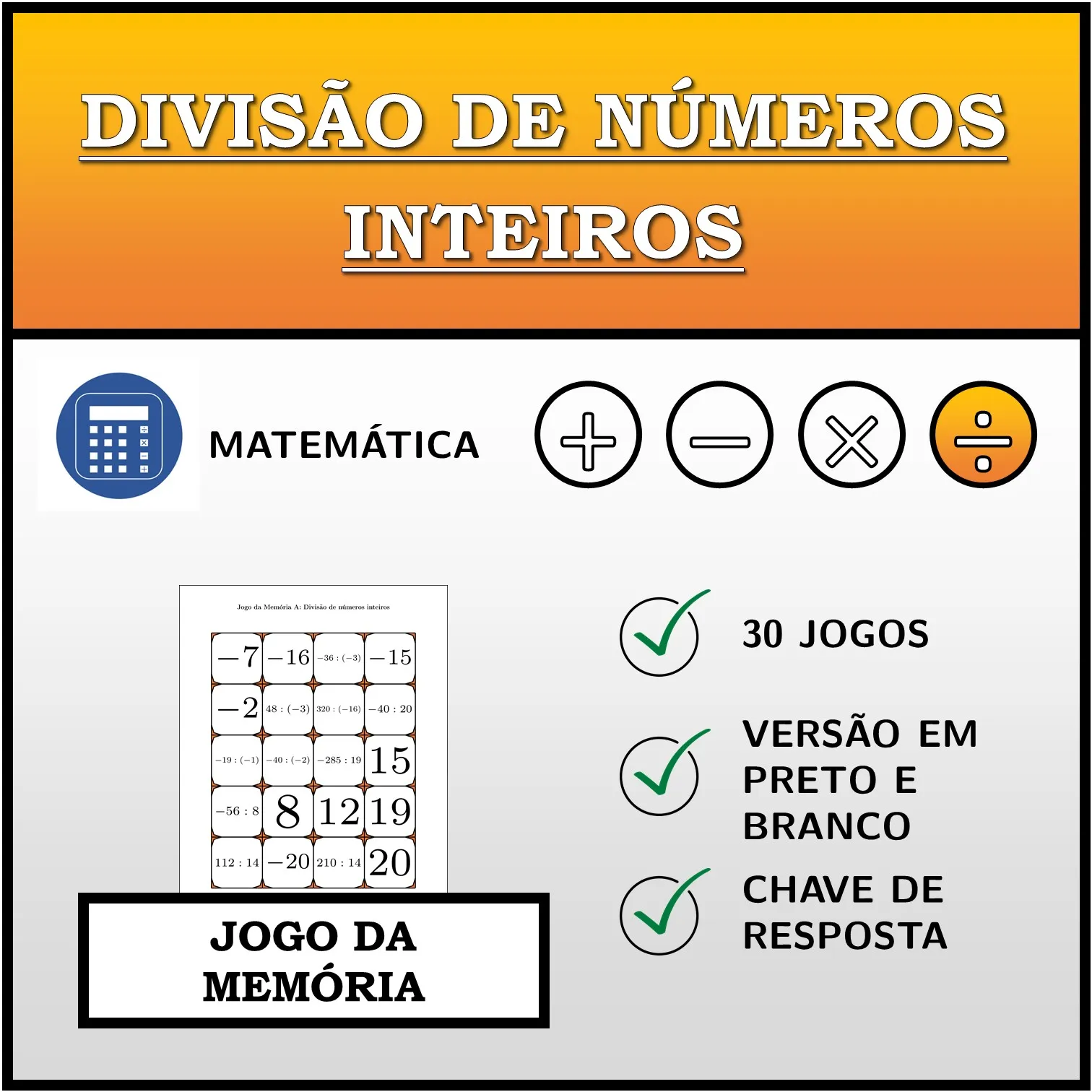 Jogo da memória: Divisão de números inteiros