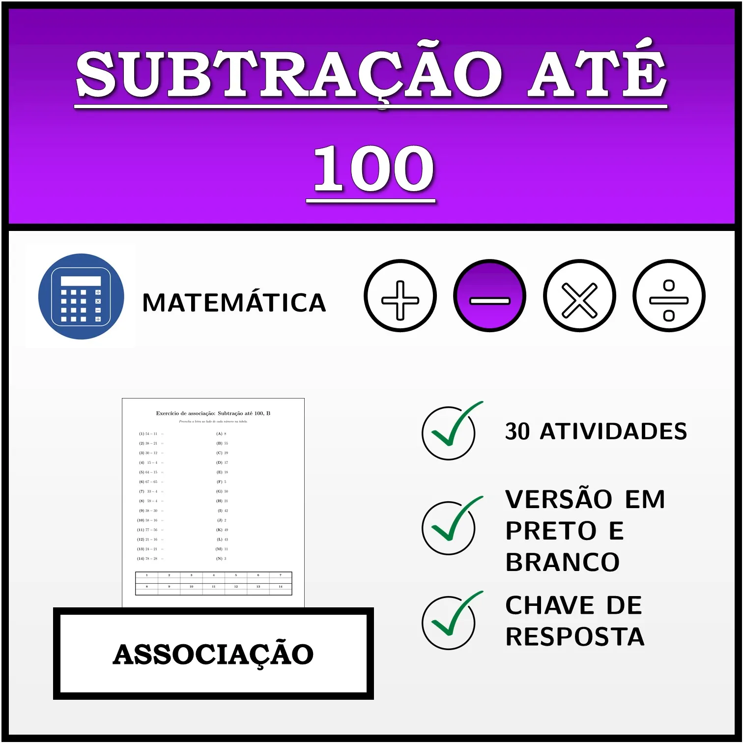Exercício de associação: Subtração até 100