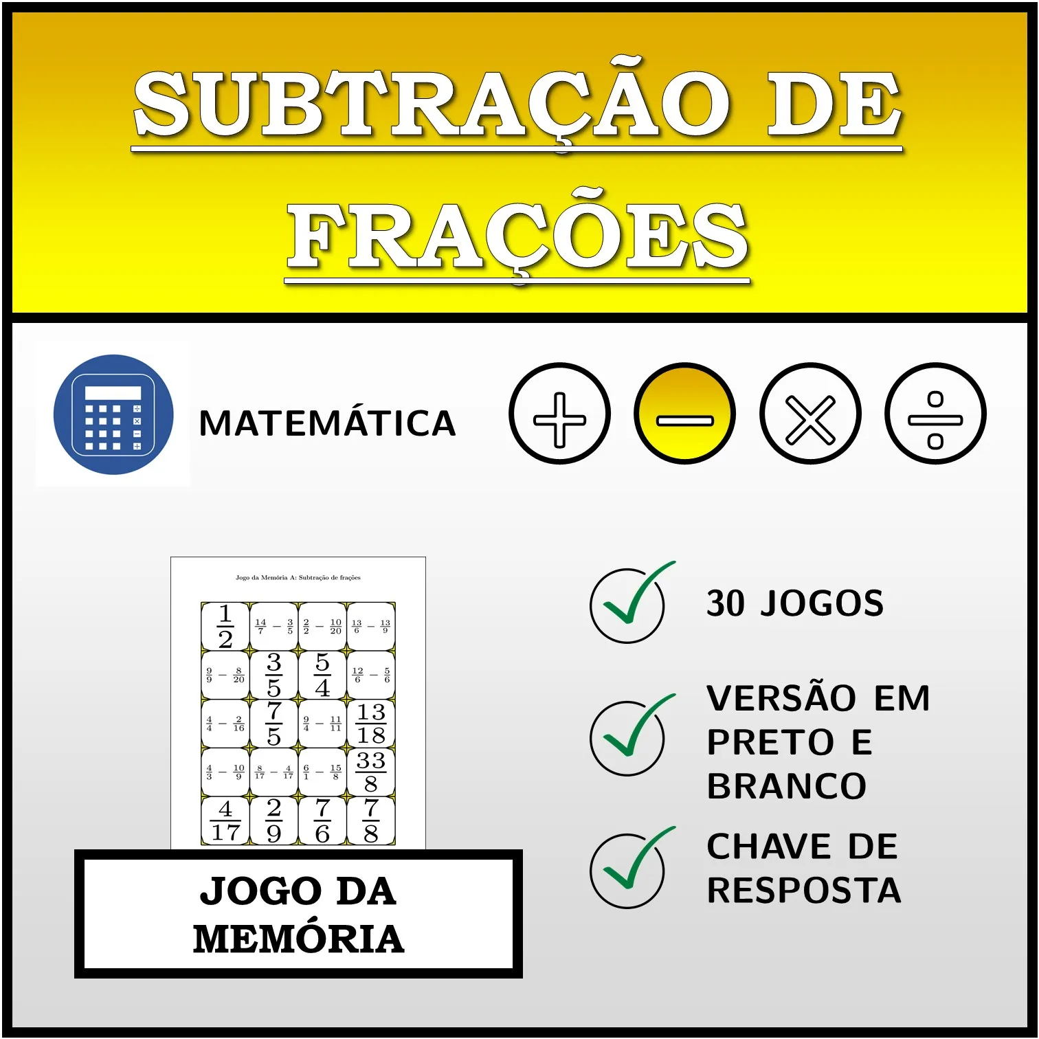 Jogo da memória: Subtração de frações