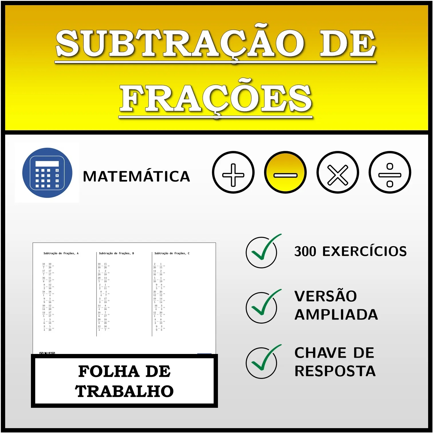 Folha de trabalho: Subtração de frações