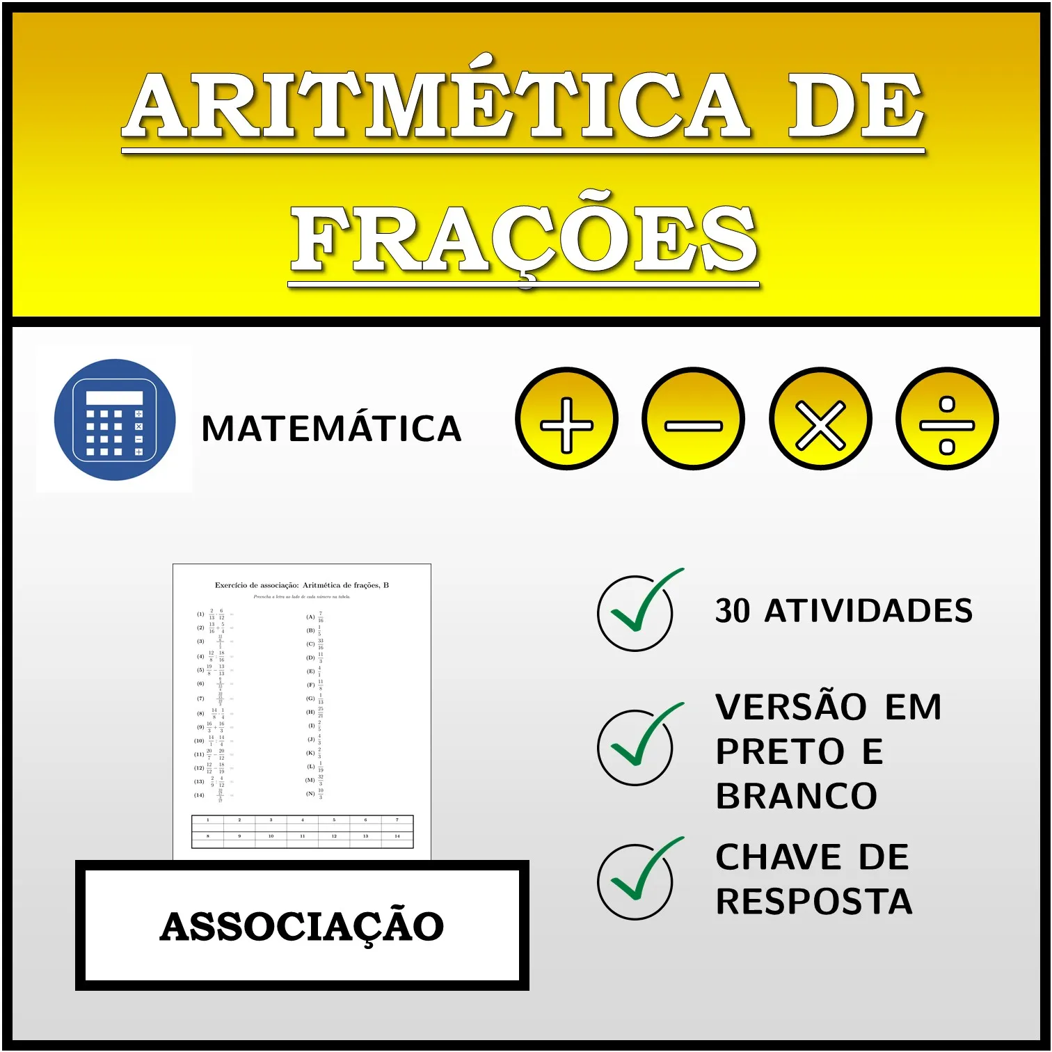 Exercício de associação: Aritmética de frações