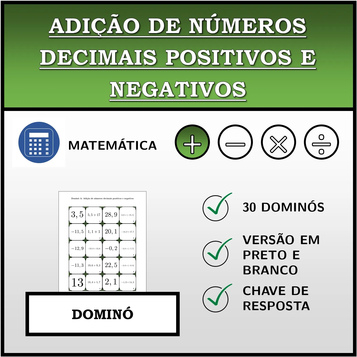 Dominó: Adição de números decimais positivos e negativos