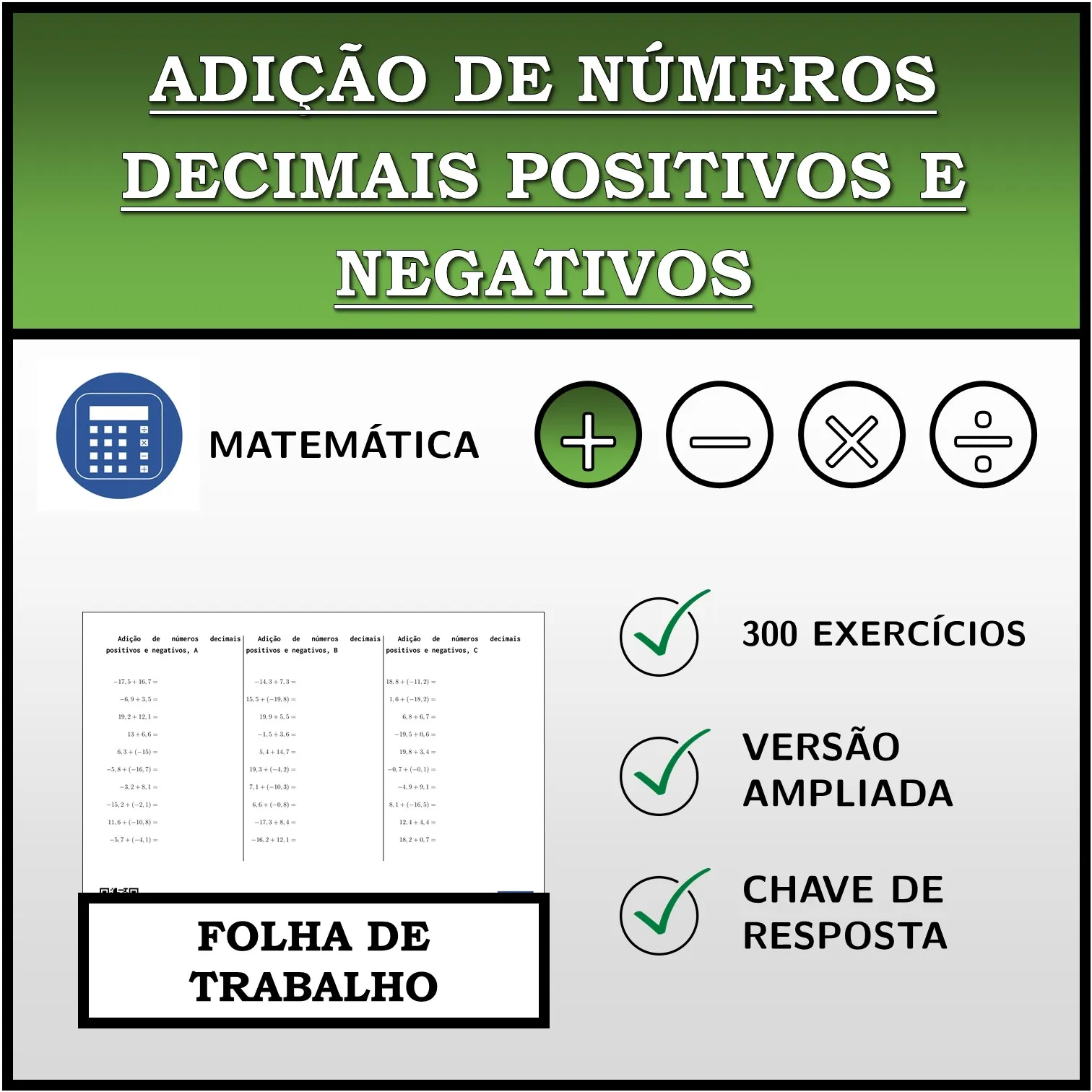 Folha de trabalho: Adição de números decimais positivos e negativos