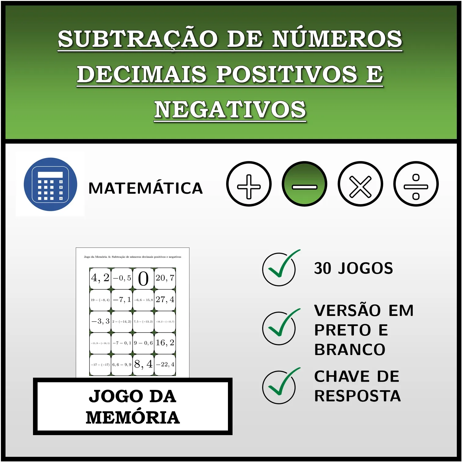 Jogo da memória: Subtração de números decimais positivos e negativos