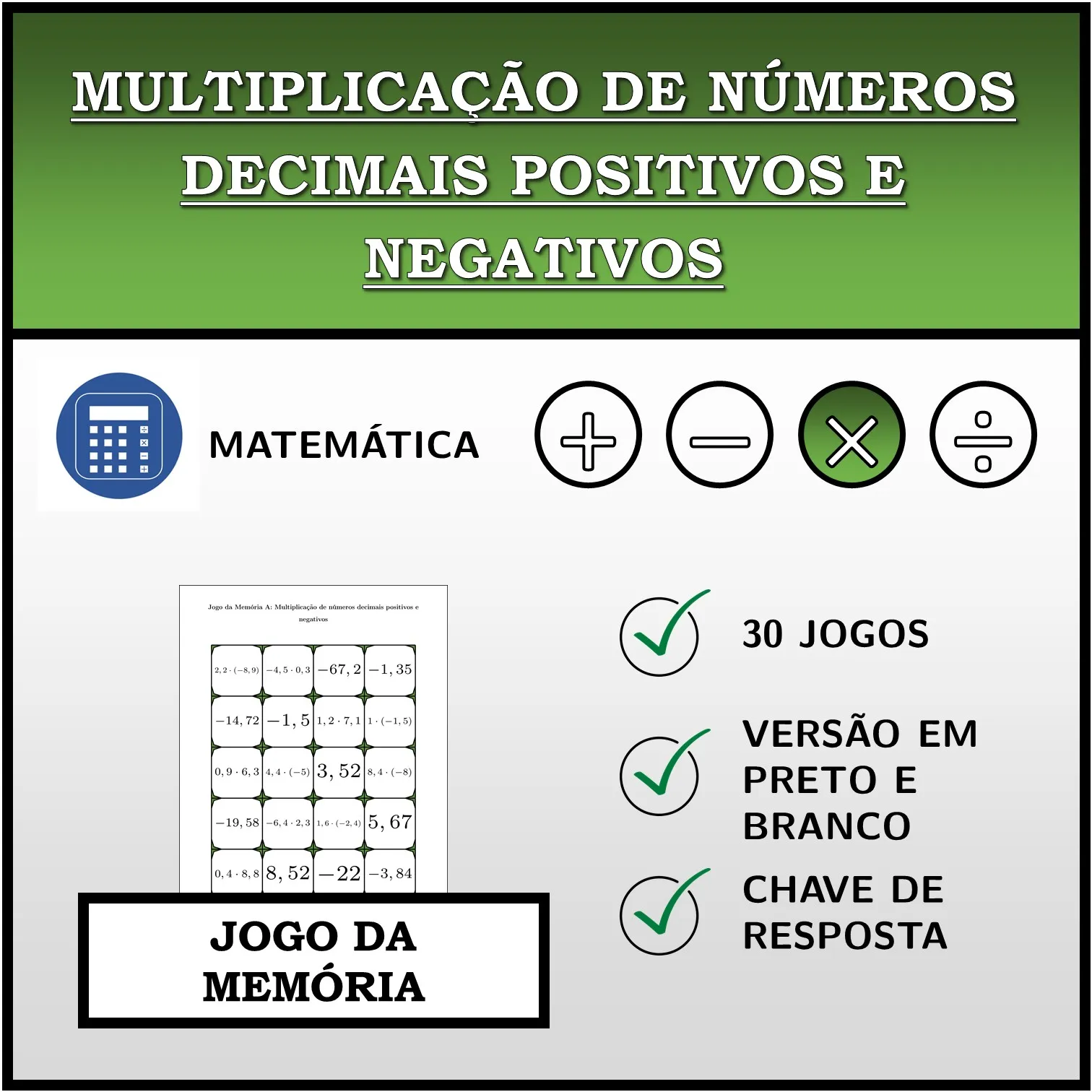 Jogo da memória: Multiplicação de números decimais positivos e negativos